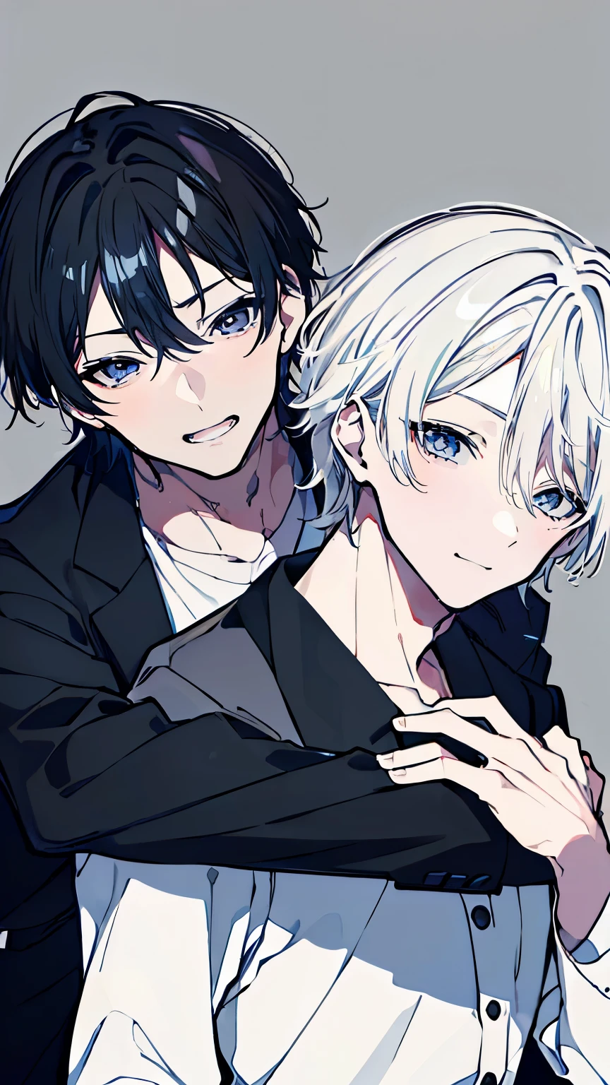 (Mastepiece), (Best Quality), Very detailed, ((Two friendly men)), Perfect Face, Beautiful Face, Very detailed顔，(One black-haired man:1.3)，(One white-haired man:1.3)，shirt、smile