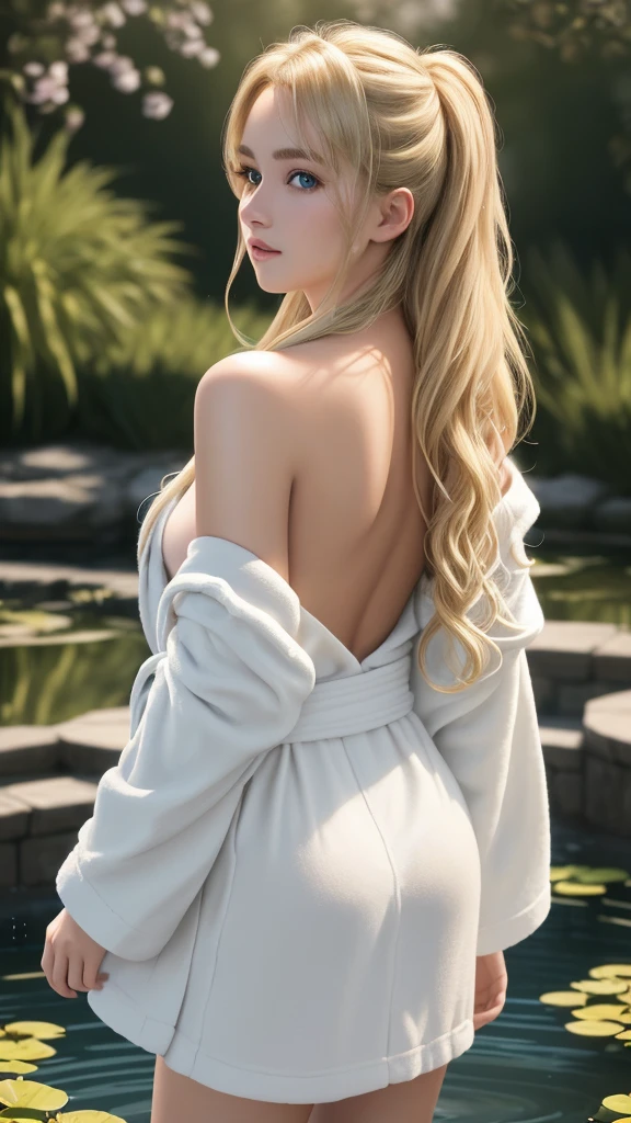 Masterpiece, best quality, age girl, flowing blonde hair, messy hair, beautiful eyes, beautiful face, The bathrobe slipped off her shoulders., back view, Outdoor pond during the day, soft lighting, bright colors, CG Highly detailed, Very beautiful and elegant,very detailed eyes, Fine texture, Detailed fabric, Beautifully detailed face, complicated details, Special details, 3d, 30k, movie theater light, Stunning light, shallow depth of light, Beautiful clothing details, Highly detailed, UDR, Sharp focus, Physics-based rendering