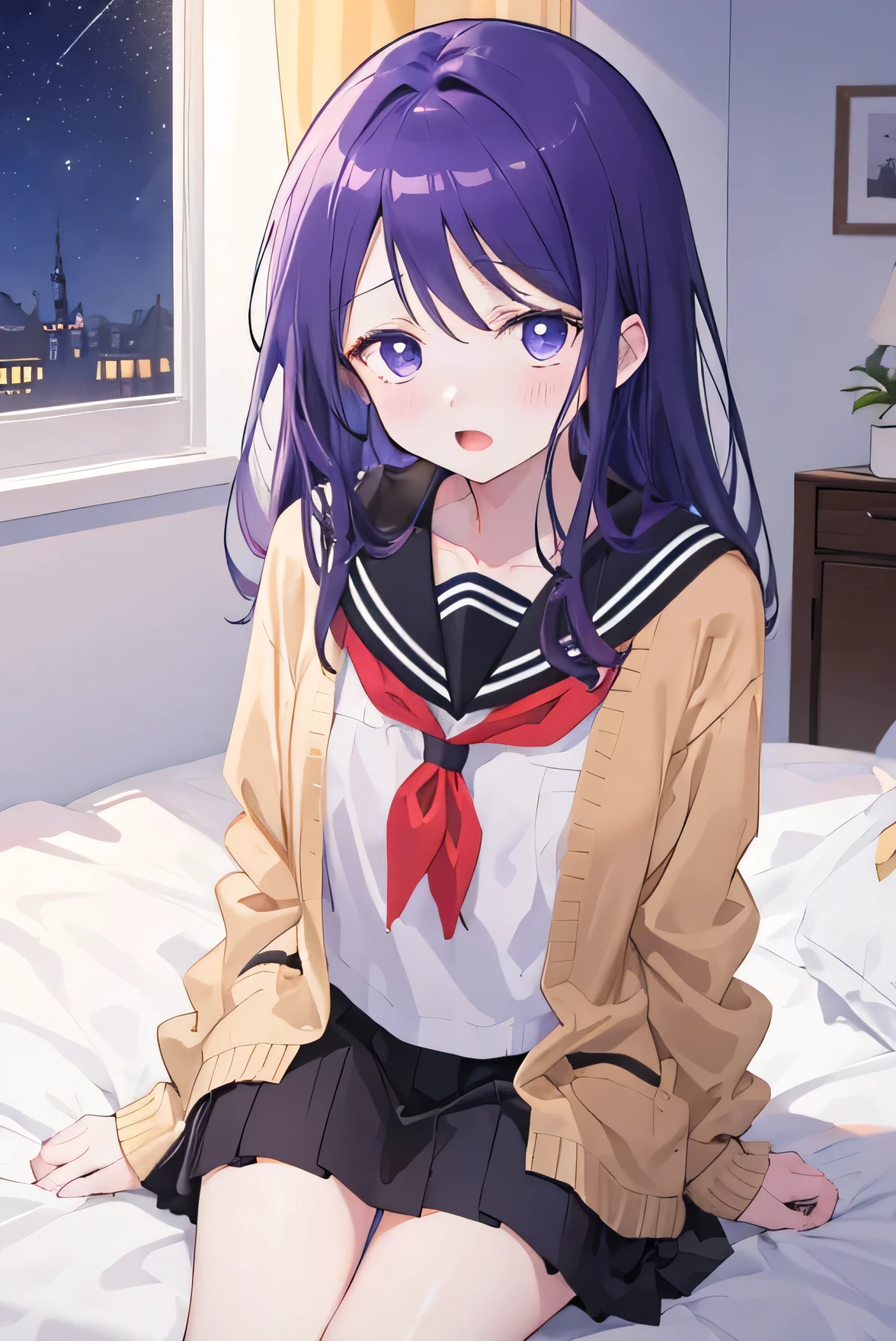 Masterpiece、Anime Coloring、Ultra fine、8K、Open your mouth wide、Lower Angle、whole body、blush、Parted bangs、Sailor suit、Brown cardigan、(Skirt flip、White underwear)、Bedroom、blue sky、night、Purple Hair