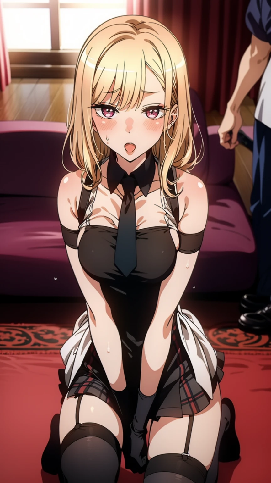 NSFW,Rikajo、Long Hair、Blonde Hair、Green Eyes、Small breasts、tooth,(Idol Dress:1.5),Love Hotel,(Perfect hands),(Perfect Anatomy),(masterpiece),(highest quality),Embarrassed,blush,(Ecstasy face:1.5),One man,(Having sex:1.5)