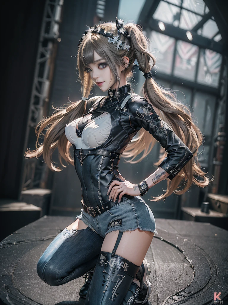 (Full Body View:1.4)、(squat:1.3)、(Side view:1.1)、(Smiling with teeth showing:1.3),(Shibuya Gal:1.5)、(Gothic Lolita style fashion:1.5)、(Punk RockVisual Kei:1.5)、(Wearing a rhythmic gymnastics bodysuit with intricate details:1.4)、(Racing suit and pants with intricate decorations in white, denim and charcoal:1.5)、(Denim and light blue and white boots:1.3)、((belt))、(Numerous delicate logo marks all over the costume:1.4)、(collar:1.3)、(Striped underwear:1.5)、30 years old、NSFW、((Highest quality、In 8K、masterpiece:1.3))、Sharp focus:1.2、(Layered Cut、Huge boobs:1.1),Beautiful woman with perfect figure:1.4、(Dancing vigorously:1.3)、Slender Abs:1.2、Highly detailed face and skin texture、Detailed eyes、double eyelid,(Twin tails:1.3)、(Brown-golden hair:1.3)、Gravure idol、(The background is the stage of the fashion show:1.3)、(Slim body:1.3),(Make your legs thinner:1.4),（clavicle:1.1）、(Thin and slim thighs:1.3)