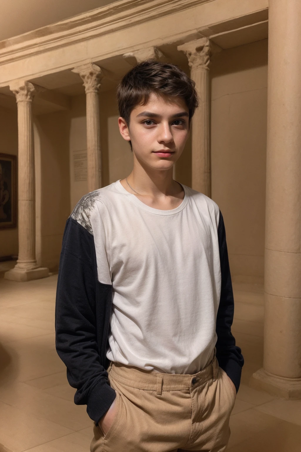 A young male twink with a make-up face and messy black hair. He is wearing a white long-sleeved shirt and brown pants. He is in the ancient Antiquities Museum, looking proudly.