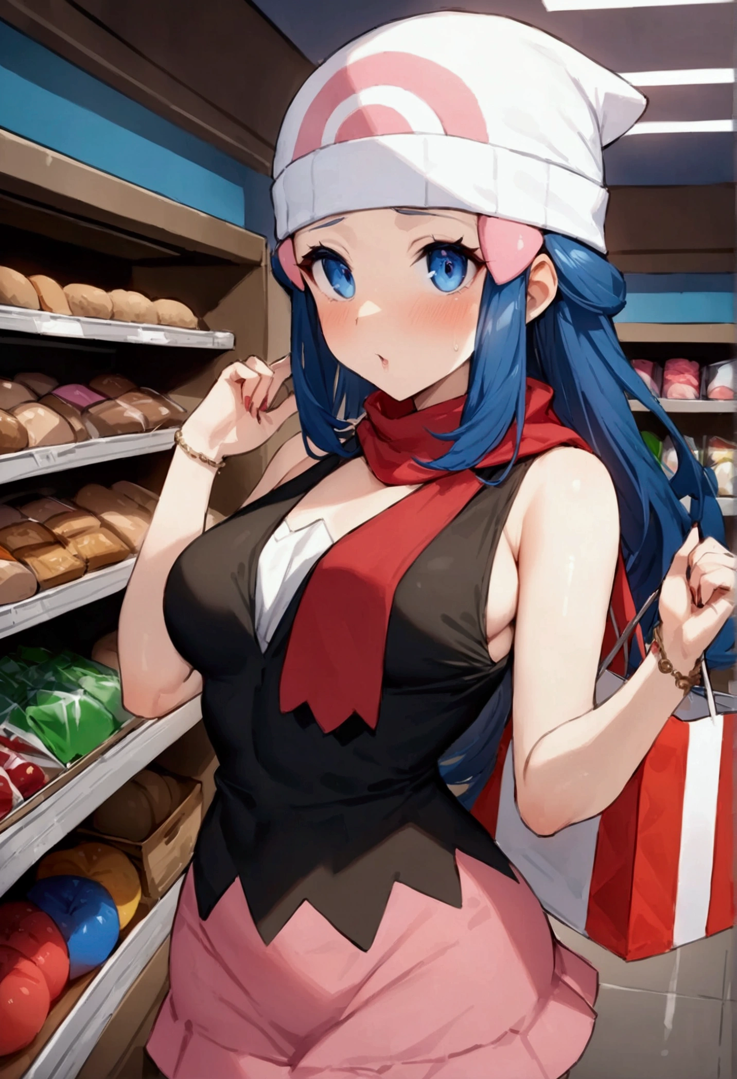 NSFW,masterpiece,Highest quality,High resolution,Super detailed,dawn_\(pokemon\),blue eyes, Blue Hair, Long Hair, Side Lock, Hair Clip, Beanie, Black Dress, No sleeve, Pink Skirt, scarf,shoppingモール,shopping