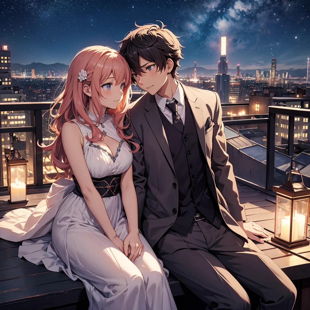 Romantic Evening: Two anime characters, a boy and a girl, sitting together on a rooftop under a starry night sky, sharing a heartfelt moment with a cityscape in the background.
