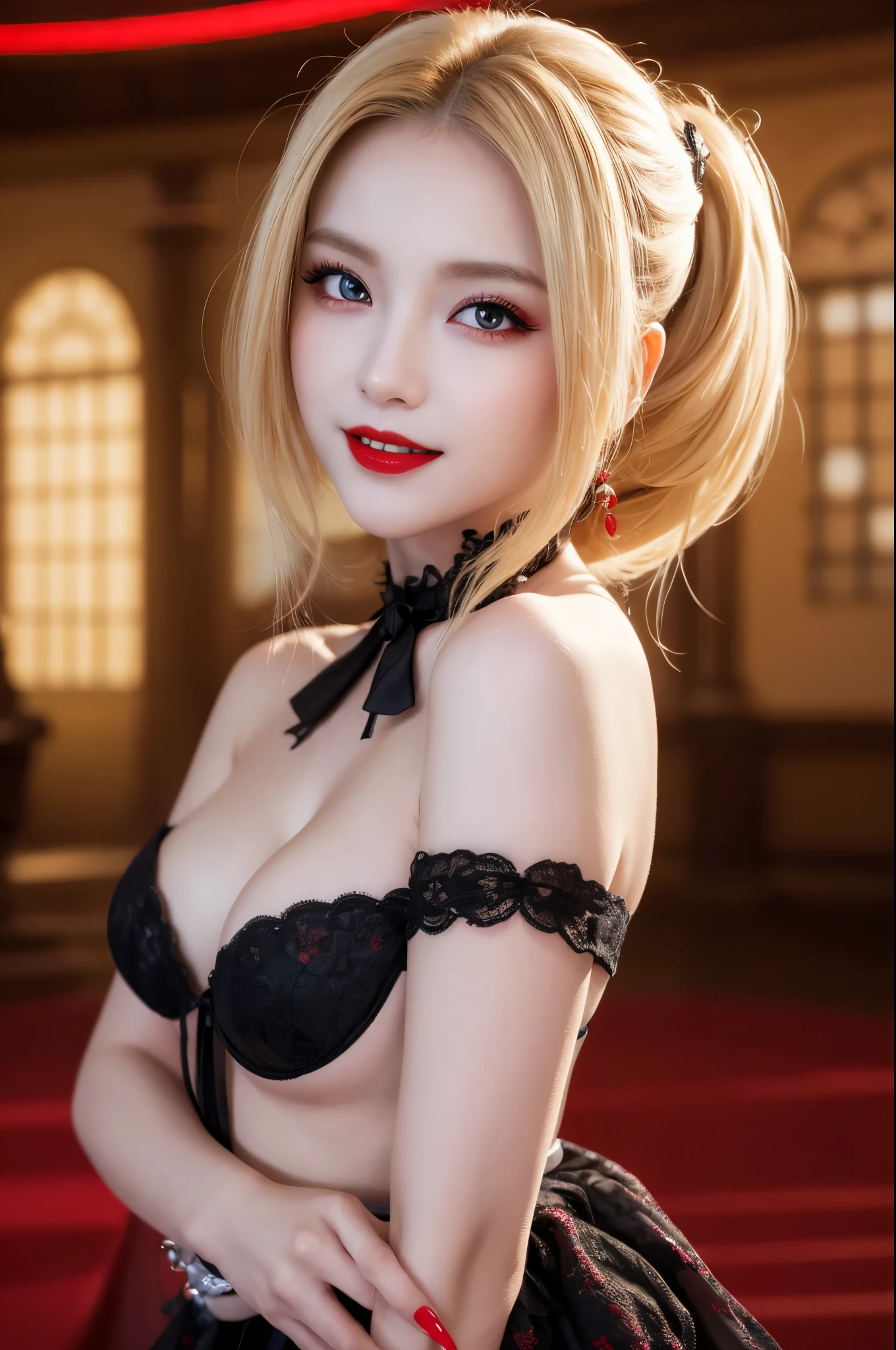8K、Photorealistic RAW photos of the highest quality。so beautiful(A vivid face) Bright colors、Image of a perfect adult woman、Laughter、Art Station Trends、masterpiece、8K resolution、Fantasy art、Ultra-high resolution,,Mr..々Pause,charm,sexy,Rich colors, Backlight, Cinema Lighting, Film Grain, to be born, 50mm lens, Nikon D850,Vampire Queen,Glowing red eyes,White skin,Ultra-Realistic Skin,Gorgeous red and black dress,Red lipstick,Red nails,Inside the Labyrinth,Vampire Fangs,sexyな外装,blonde,charm的な大人の女性,elegant,