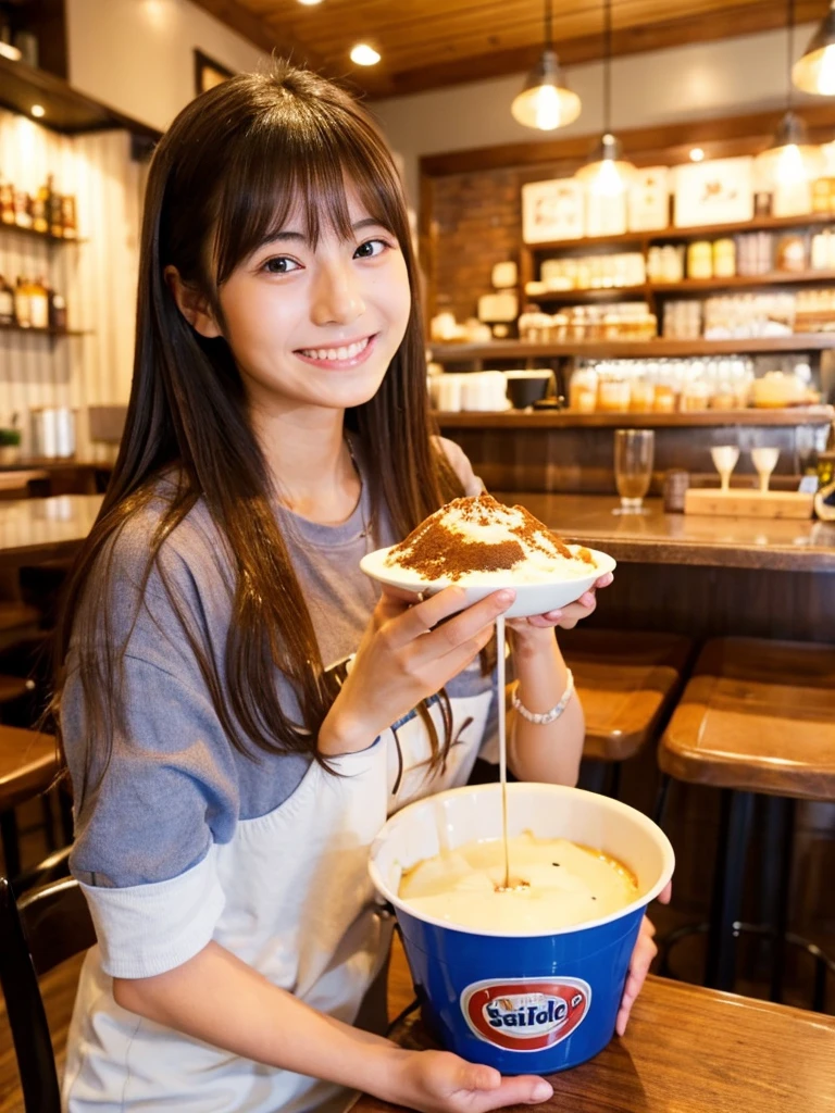 Super cute Japanese girl、Girl eating a bucket-sized pudding at a cafe、smile