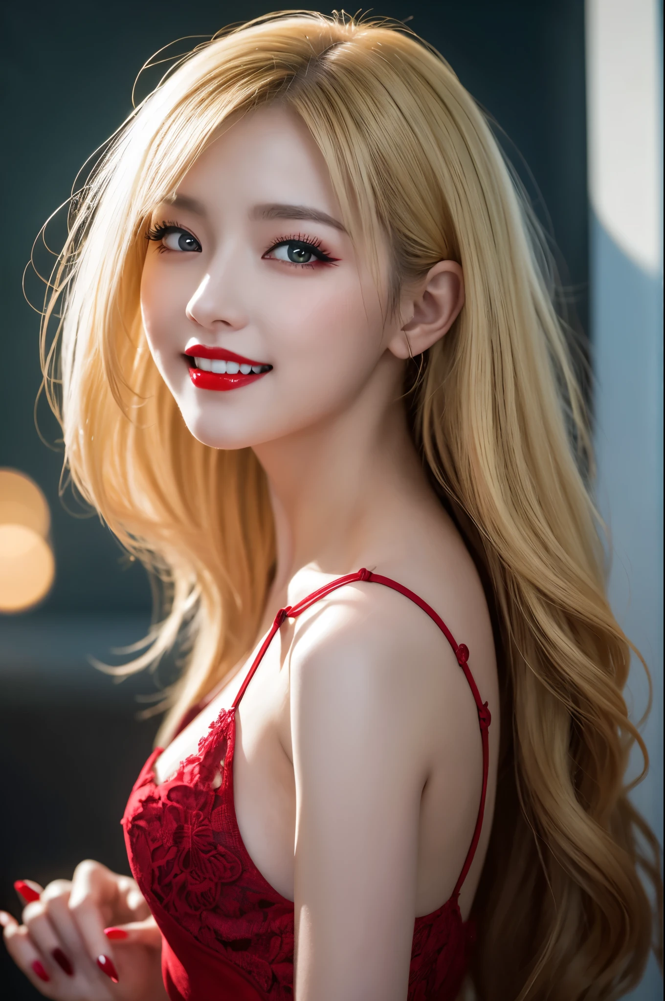8K、Photorealistic RAW photos of the highest quality。so beautiful(A vivid face) Bright colors、Image of a perfect adult woman、Laughter、Art Station Trends、masterpiece、8K resolution、Fantasy art、Ultra-high resolution,,Mr..々Pause,charm,sexy,Rich colors, Backlight, Cinema Lighting, Film Grain, to be born, 50mm lens, Nikon D850,Vampire Queen,Glowing red eyes,White skin,Ultra-Realistic Skin,Gorgeous red and black dress,Red lipstick,Red nails,Inside the Labyrinth,Vampire Fangs,sexyな外装,blonde,charm的な大人の女性,elegant,