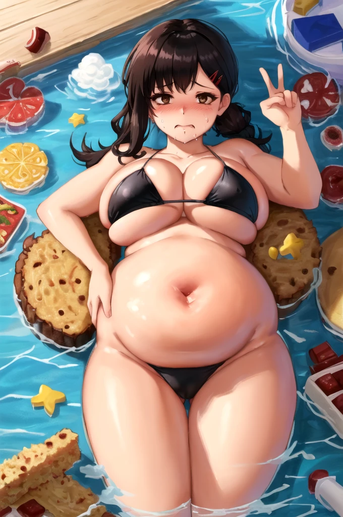 masterpiece, best quality, ultra-detailed, illustration, epic lighting, cinematic composition, isometric, 1girl, , brown eyes, black hair, swept bangs, single sidelock, red hairclip, black panties, bikini, formal, bedroom, lies on the bed, view from above, cowboy shot, looking at viewer, upset, fattening, around her more food, crumbs around her, crumbs on her belly, water drops on her body, eat more food, satisfied, full-face blush, huge breasts, huge thighs, (venusbody:1.3)(peace signs), (8k:1.1), big belly, fat belly, massive belly, fat body, big fat thighs, fat hips, fat butt, (big belly:0.6), ahegao
