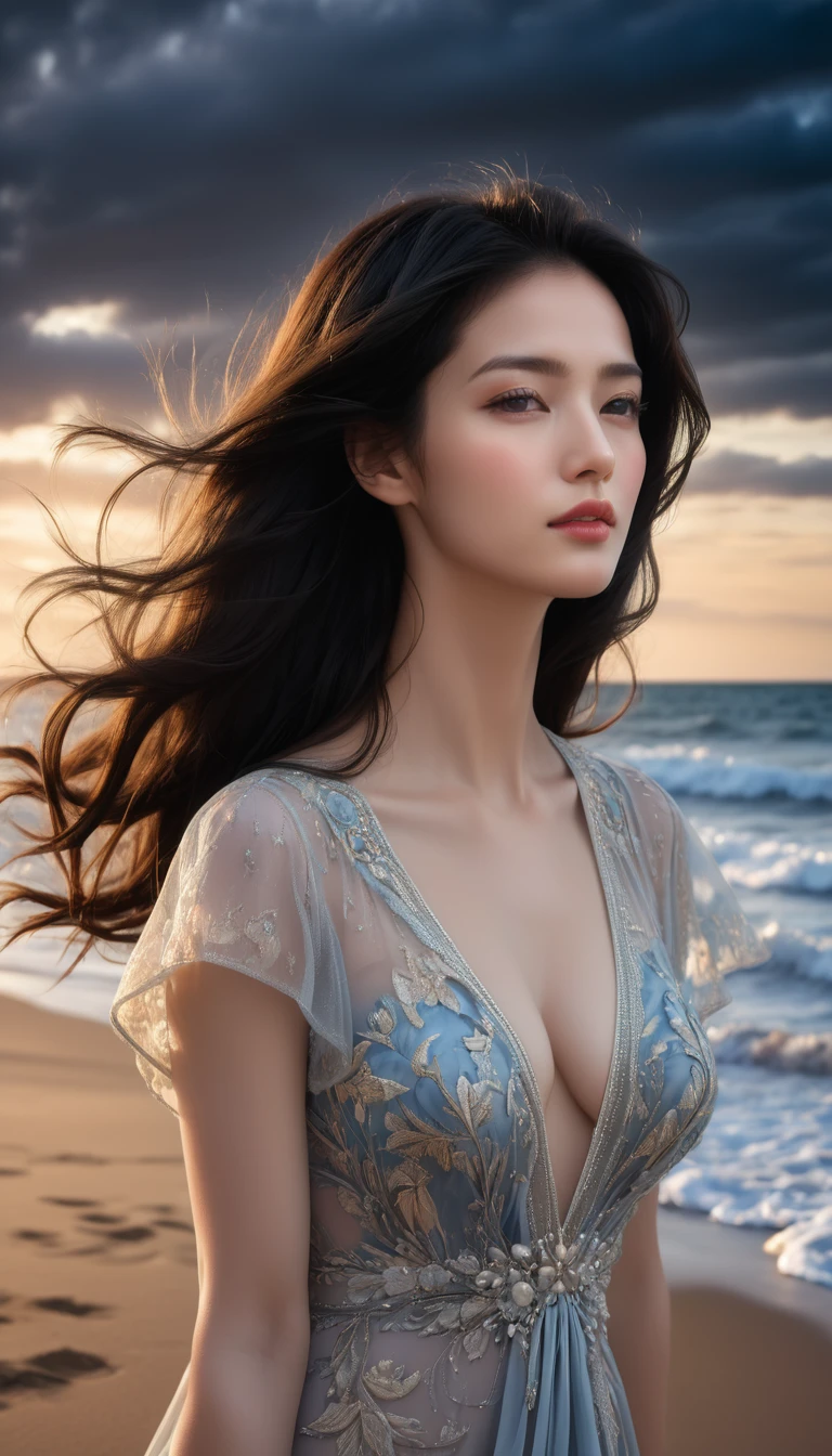 ((Masterpieces with up to 16K resolution:1.6)),Highest quality,it is really amazing,Very detailed,Ultra-high resolution,((Real:1.5)),((Realistic:1.5)),Increased depth of field,((Cinematic Light Effects:1.5)),
Elegant mature woman,((Focus on a woman's face:1.5)),
Long black hair,((Ultra-detailed and beautiful faces:1.5)),Translucent white skin,Very detailedな肌の質感,Great proportions,Anatomically correct body,
elegant beach dress,Artistic design,Beautiful and detailed pattern,Luxurious jewellery decoration,Detailed fabric texture,
Coastal landscape at dusk,Dark clouds and dark sky,delay々Continuing sandy beach, Deserted Beach,Dark sea surface,
(((Close-up shot of face:1.8))),