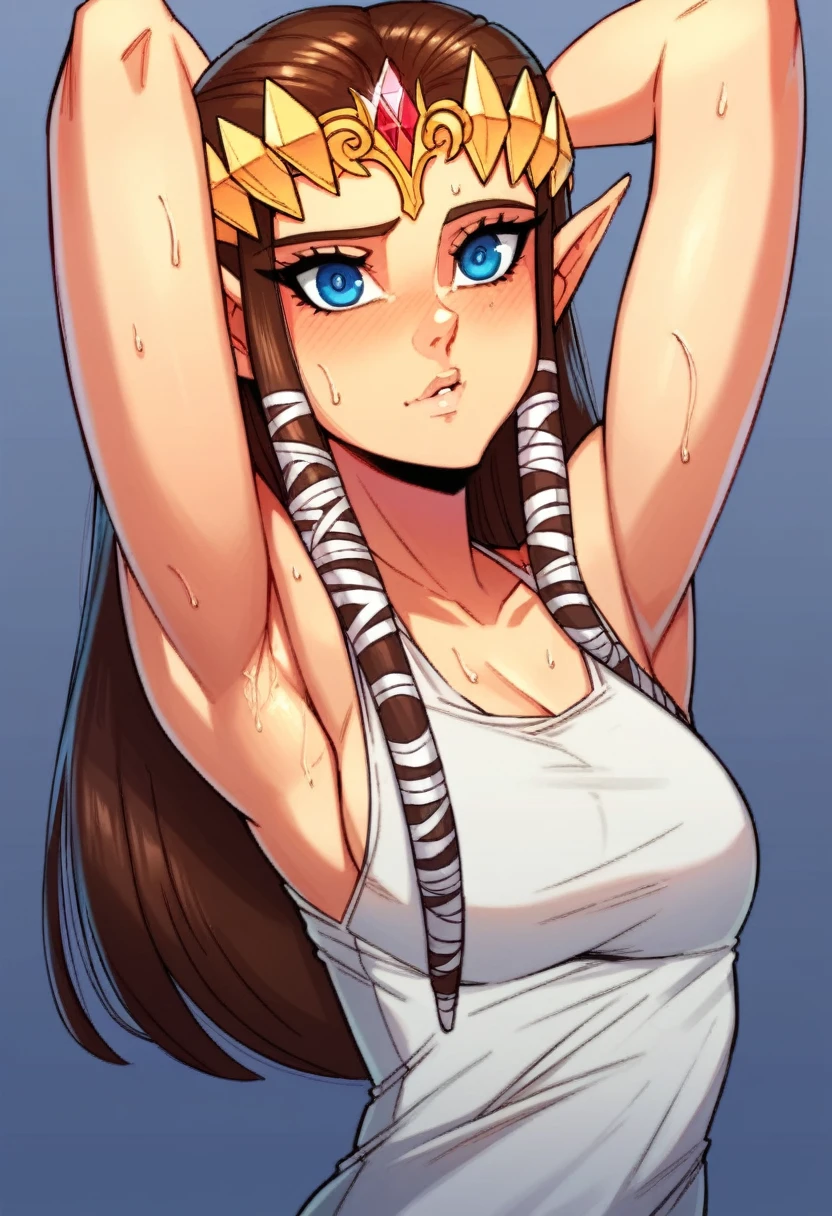 8K high quality, high accuracy, Princess Zelda, beautiful figure, beautiful face, small face, twilight princess, beautiful woman, bright, highlights in eyes, small ears, brown hair, illustration, beautiful line drawing. Adult female, depicted head to belly, arms raised, armpits showing, arms behind head, simple background, blue eyes, sweaty, sweaty, tank top outfit,