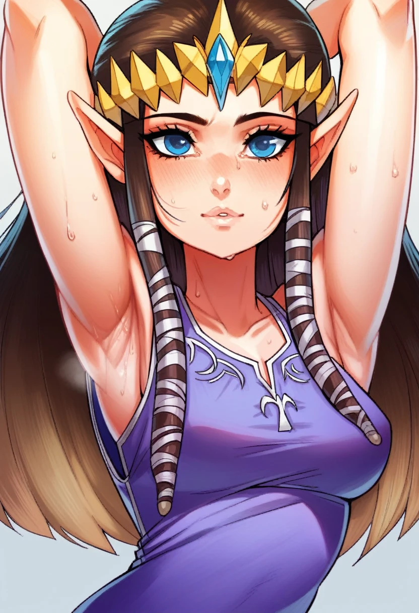 8K high quality, high accuracy, Princess Zelda, beautiful figure, beautiful face, small face, twilight princess, beautiful woman, bright, highlights in eyes, small ears, brown hair, illustration, beautiful line drawing. Adult female, depicted head to belly, arms raised, armpits showing, arms behind head, simple background, blue eyes, sweaty, sweaty, tank top outfit,