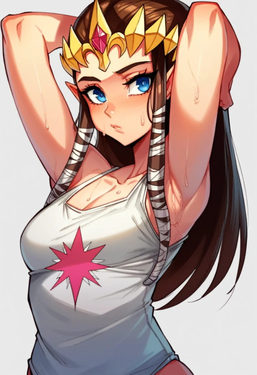 8K high quality, high accuracy, Princess Zelda, beautiful figure, beautiful face, small face, twilight princess, beautiful woman, bright, highlights in eyes, small ears, brown hair, illustration, beautiful line drawing. Adult female, depicted head to belly, arms raised, armpits showing, arms behind head, simple background, blue eyes, sweaty, sweaty, tank top outfit,