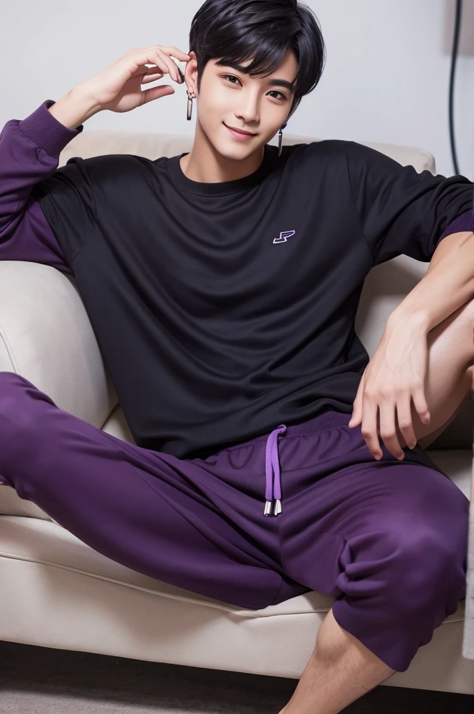 male,alone,short hair, Black Hair,Loungewear, unity 8k icon, Super detailed, beautiful and aesthetic, beautiful,Handsome, masterpiece, Highest quality,, Earrings, Close your eyes and smile, , Purple,