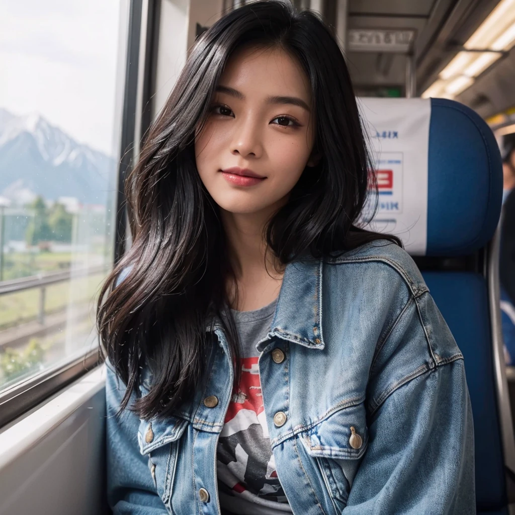 hyper realistic image, 8K Raw, A beautiful Indonesian woman with black hair parting the side of her face beaming with longing to meet her lover, she is wearing a t-shirt with a denim jacket sitting on a VIP train bench near a large glass window with a view of the mountains.