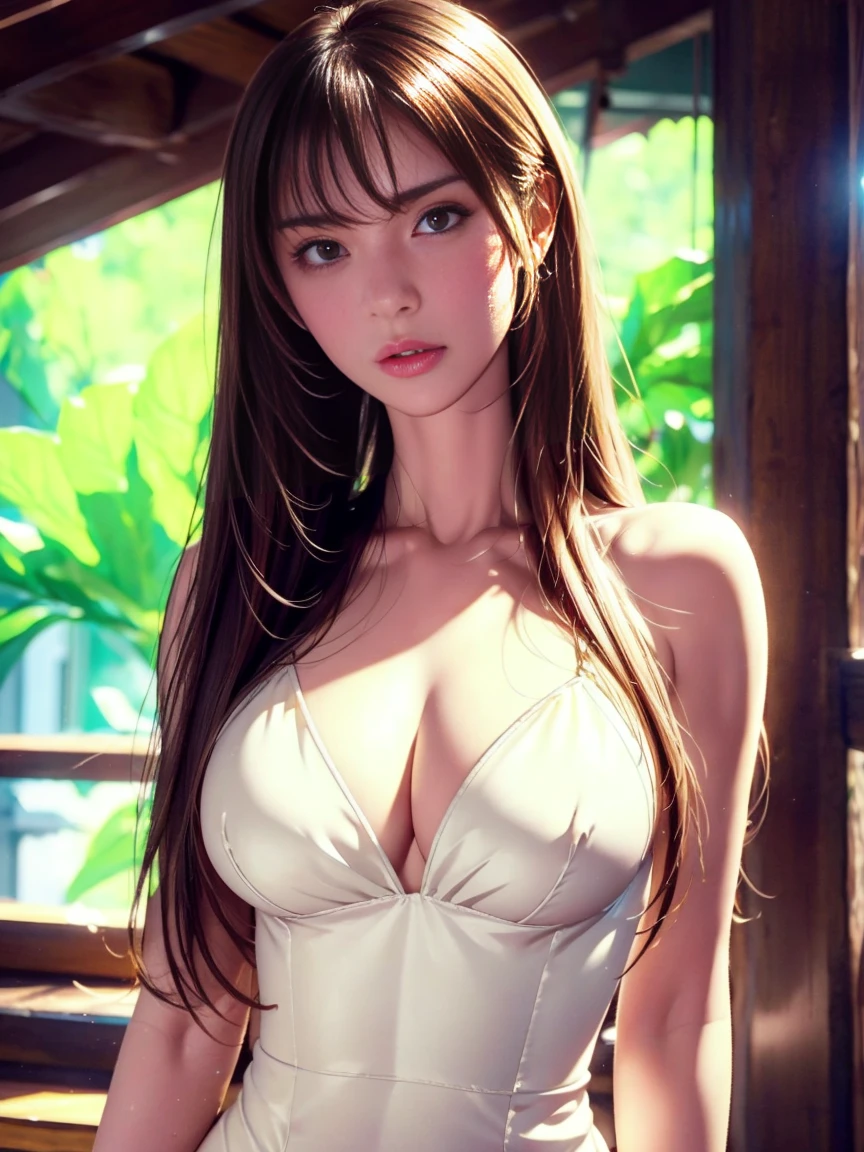 Movie Scenes,Best image quality,Surreal portrait,(8K),Ultra-realistic,最high quality,high quality,High resolution,high qualityの質感,Attention to detail,Beautiful details,Fine details,Highly detailed CG,Detailed Texture,Realistic facial expressions,Tabletop,before,dynamic,bold,1 Girl,(Ideal body proportions:1.5),Highly detailed skin,curve,,Beautiful breasts,Large Breasts,Pale skin,Pointed Chest,Erect nipples,(Thin Hair),(Soft Hair),(Super Straight Hair),Long, slicked bangs,Very light coppery amber hair,Hair on one eye,