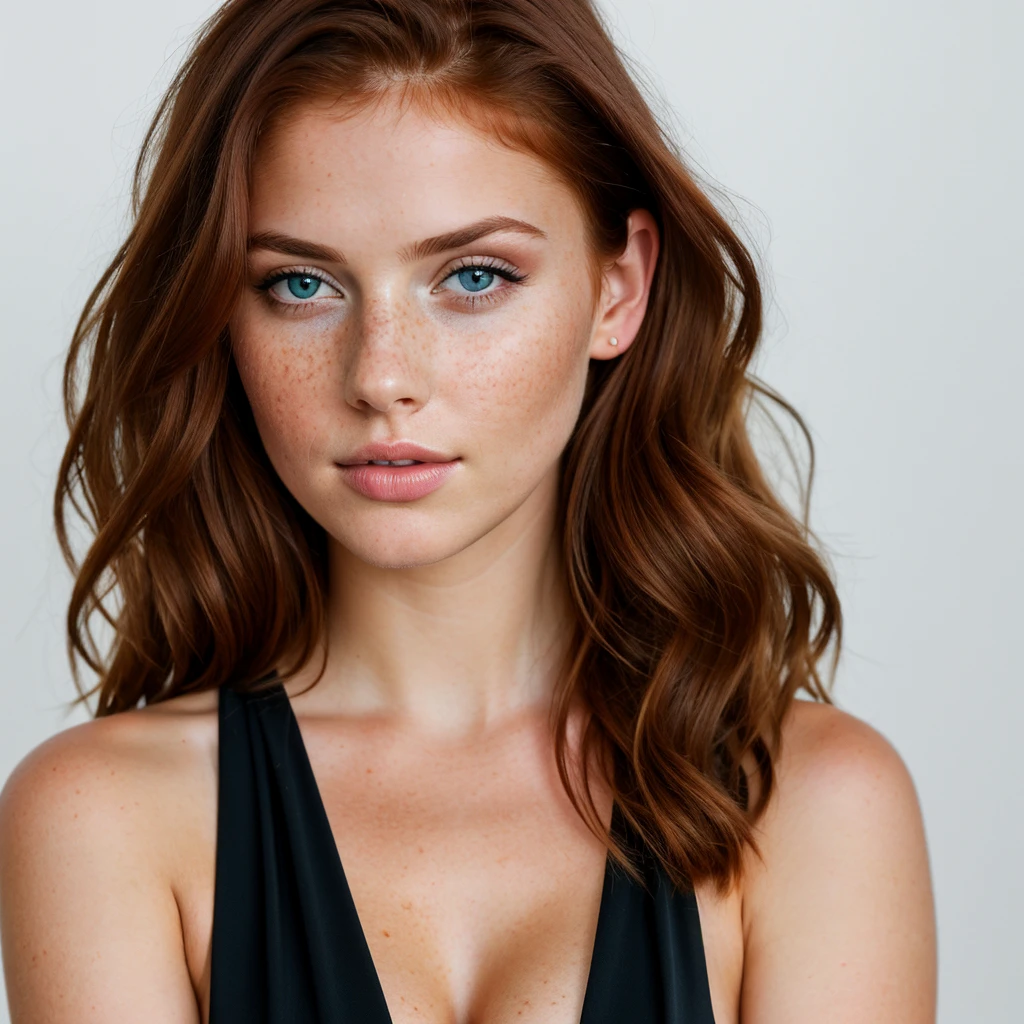 young girl, red-haired woman, blue eyes with light freckles on her cheeks, big tits, she is dressed in a sexy, elegant black dress, photo taken on a white background. Ultra-high resolution, (photorealistic: 1.4), high resolution, (brown eyes), (finely detailed skin), (perfectly proportioned) (photo realistic) (masterpiece) (photorealistic), ultrarealistic (Best Quality) (Detailed) photographed in a Canon EOS R5, 50mm Lens, F/2.8, (8K) (Wallpaper) (Natural lighting) (Convoluted) Fashion