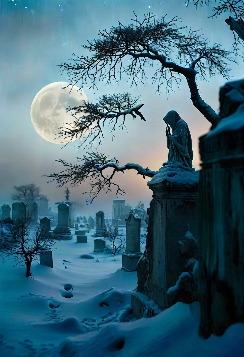 Against the glistening snow, a cloaked silhouette wields a curved blade beneath the gleam of the waning moon, lonely work amid bare bones that stand as monuments to life's fleeting nature, a subtle moment of contemplation in winter's hushed abyss, the uncanny harmony of presence and absence finding form through imaginative reinterpretation, dim lunar tones and nocturnal chiaroscuro brought to life through the surreal perspective of the Fujifilm GFX 100, 85mm lens captures a serene distant scene in tiled frame, --chaos 80 --stylize 500 --weird 1500 --quality 25 --v 6