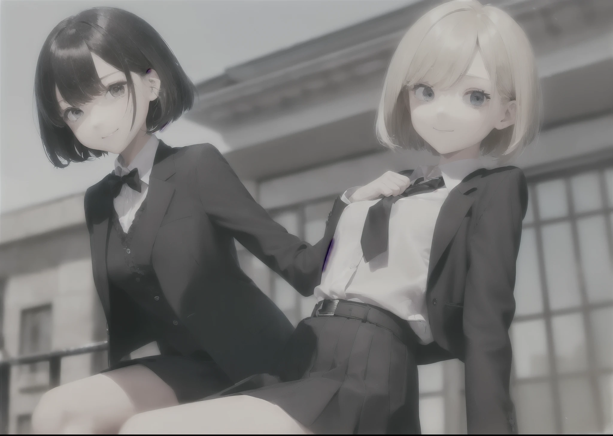 (masterpiece, best quality,extreme detAIled beautiful Eye),High Saturation, Optimal lighting, Perfect lighting,Look at the audience, (1 girl, Solitary,sky, City:1.3),NanasakiAI,Nanasaki_AI,
(whole body,Dynamic Angle,Dynamic poses,Smile,shining_Eye:1.2),(long_sleeve,Black_jacket,jacket,School_,Gibito_High target_School_:1.2),
(short_hAIr,Large target_breast,clavicle:1.2),Black_bow tie,Blackskirt,Wrinkles_skirt,White_shirt