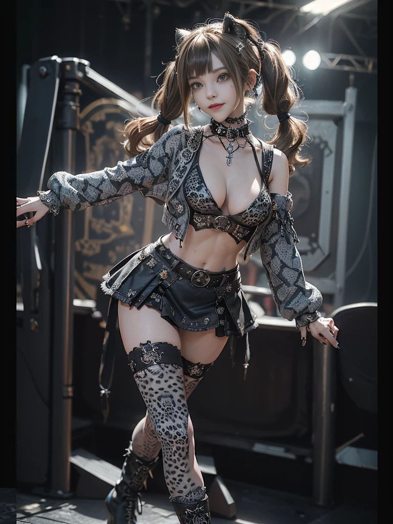 (Full Body View:1.2)、(Smiling with teeth showing:1.3),(Hollywood actress:1.5)、(Gothic ta style fashion:1.5)、(Punk RockVisual Kei:1.5)、(Wearing a sweater with intricate decoration:1.4)、(A mini skirt with delicate white, denim and charcoal embellishments.:1.5)、(Denim, light blue and leopard print boots:1.3)、((belt))、(Numerous intricate patterns all over the costume:1.4)、(collar:1.3)、(Leopard print underwear:1.5)、20-year-old、NSFW、((Highest quality、In 8K、masterpiece:1.3))、Sharp focus:1.2、(Layered Cut、Huge boobs:1.1),Beautiful woman with perfect figure:1.4、(Dancing vigorously:1.3)、Slender Abs:1.2、Highly detailed face and skin texture、Detailed eyes、double eyelid,(Twin tails:1.3)、(Brown-golden hair:1.3)、Gravure idol、(The background is the stage of the fashion show:1.3)、(Slim body:1.3),(Make your legs thinner:1.4),(clavicle:1.1)