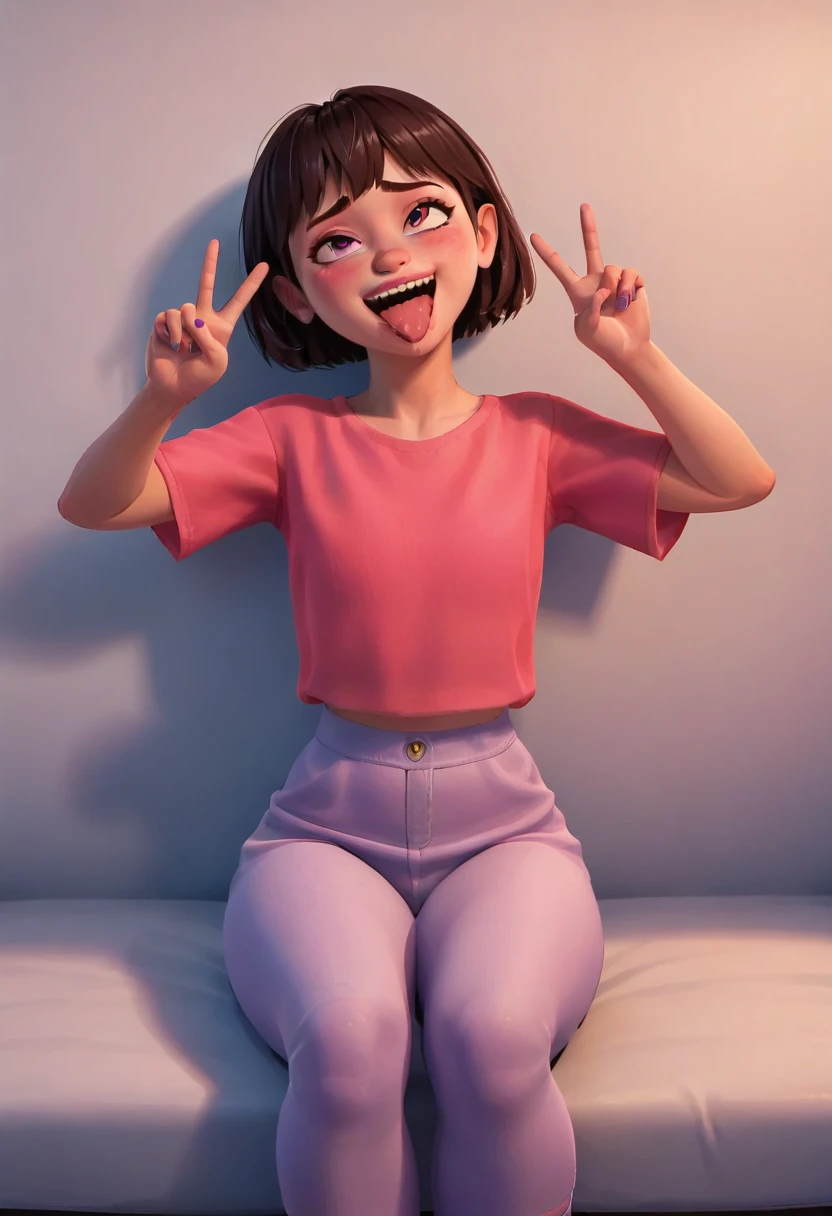 Boo, peace sign, ahegao, tilt your head, cowboy shot, coxas nuas, big pink shirt, 1 girl, alone, salient smile, gazing at viewer, hands crossed, whole body, poses photos, best qualityer, no flaws