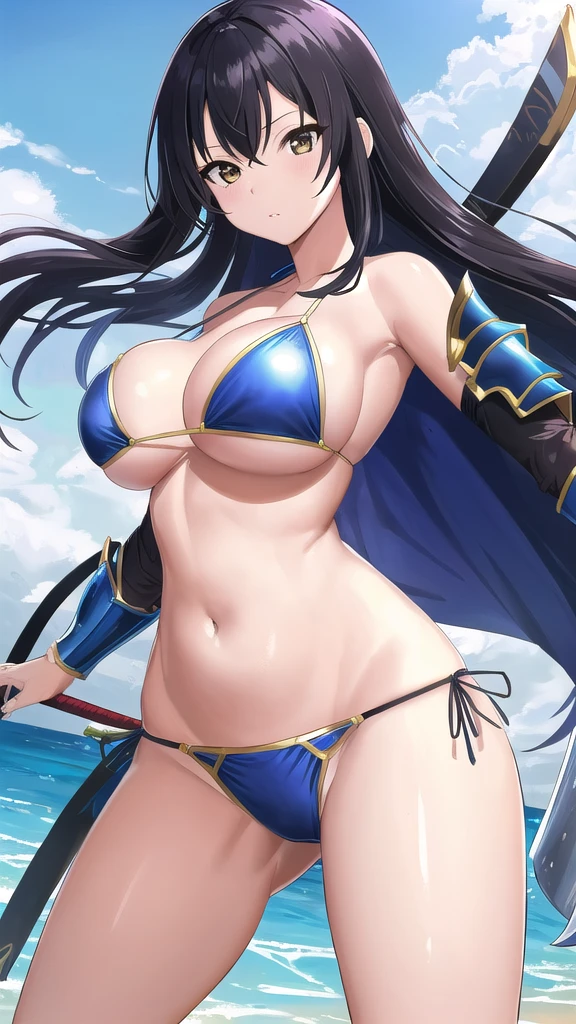 Art inspired by Masamune Shirow, Armor Girl, Bikini Armor, Bikini Armor, Bikini Armor female knight, Bikini Armor, tits, Knight Girl, tits、Intense movement,topless, White thighs,Vertical belly button、Skin radiance,Black hair