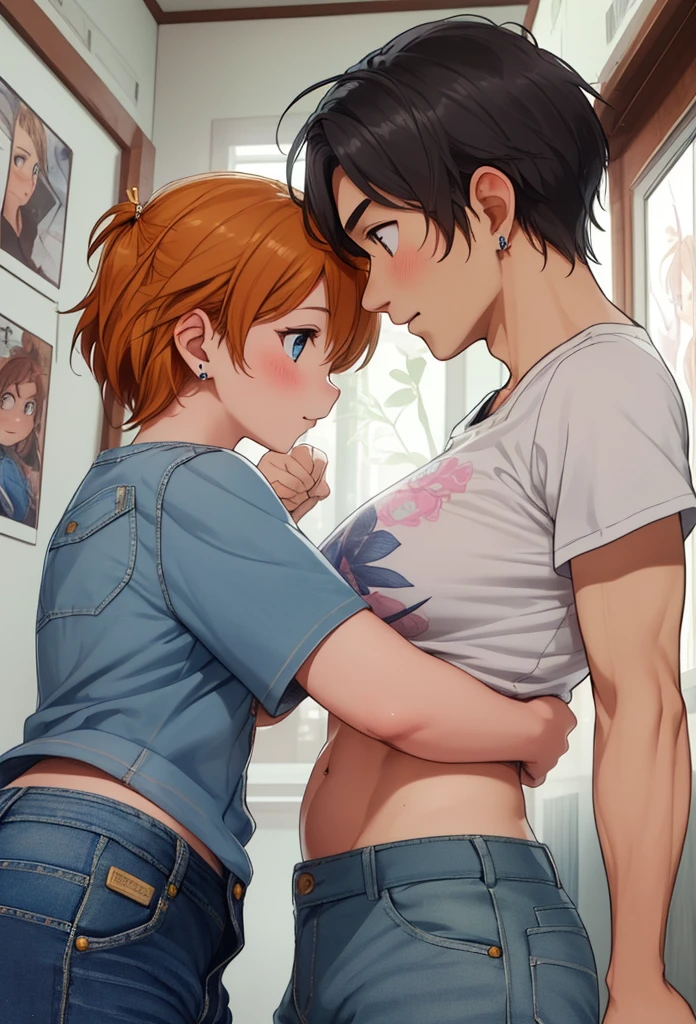 (Masterpiece, Best Quality, High Quality), professional artwork, well drawn, Intricate Details,(((a big boy and a girl looking at each other))),Kousaka honoka, room, ultra detail hair, ultra detail face, perfect eyes, earring, blushing, embarrassed, t-shirt, midriff, denim pants