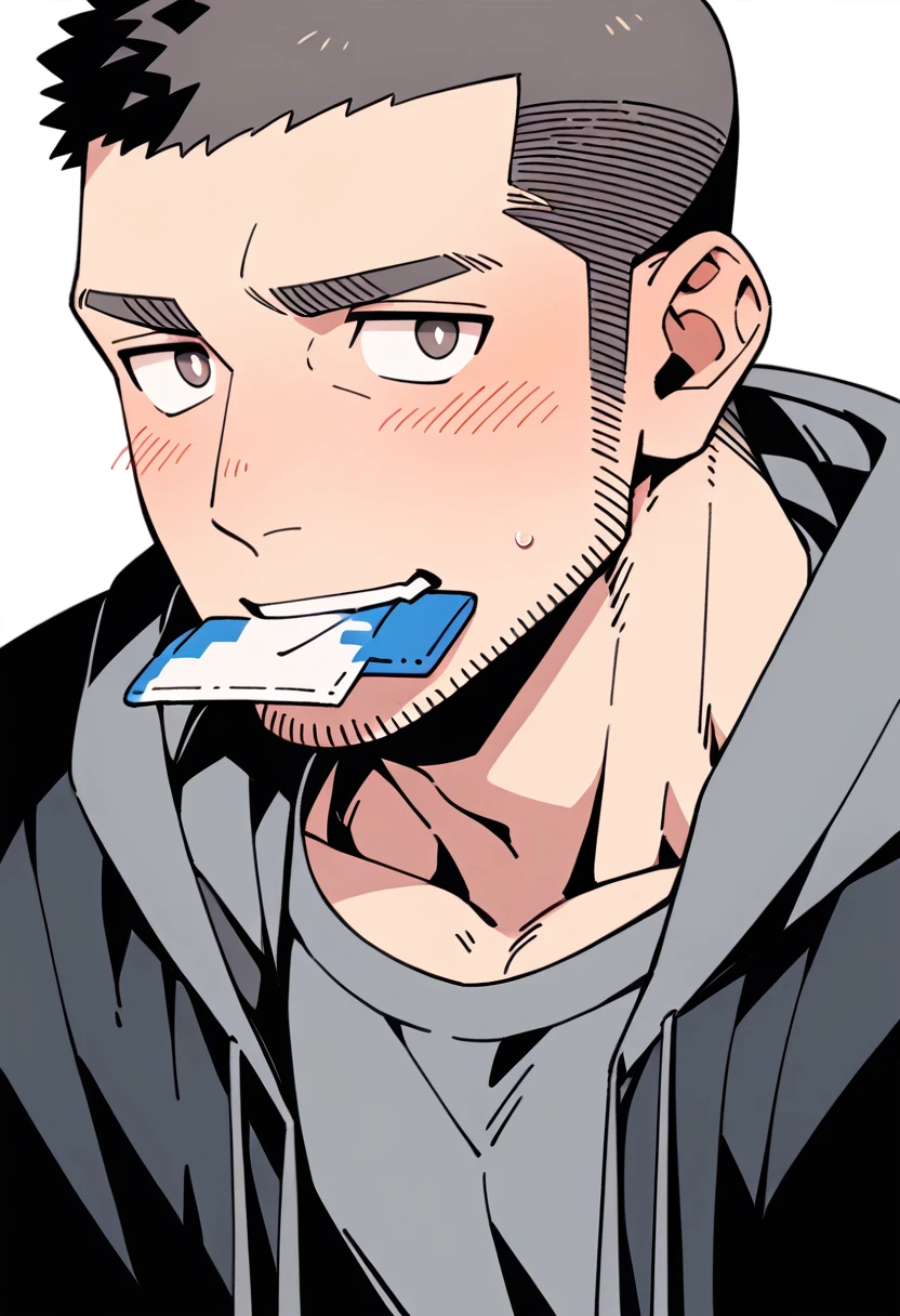 anime characters：Priapus, Muscle Sports Student, Buzz Cut, Manliness, male focus, Sports tight hooded sweatshirt, Very tight, full and perky chest muscles, muscular male, muscular, only, Upper body, alone, Black short hair, Thick eyebrows, stubble, Brown-red pupils, White background, simple background, amazing quality, best aesthetics, Ridiculous, crew cut, blush, mouth hold, Biting a pair of white panties, embarrassed, shy, endured face, negative space, best quality