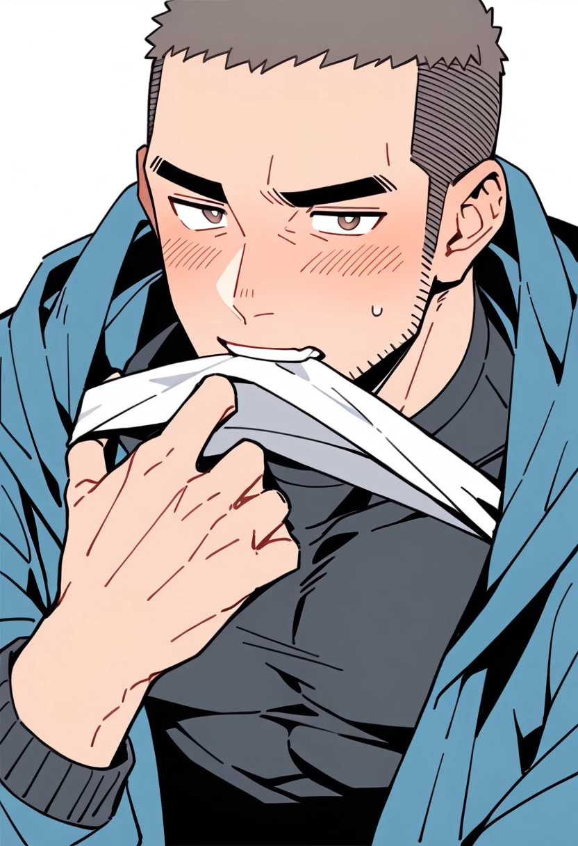 anime characters:Priapus, Muscle Sports Student, Buzz Cut, Manliness, male focus, Sports tight hooded sweatshirt, Very tight, full and perky chest muscles, muscular male, muscular, only, Upper body, alone, Black short hair, Thick eyebrows, stubble, Brown-red pupils, White background, simple background, amazing quality, best aesthetics, Ridiculous, crew cut, blush, mouth hold, Mouth biting a white towel, embarrassed, shy, endured face, negative space, best quality