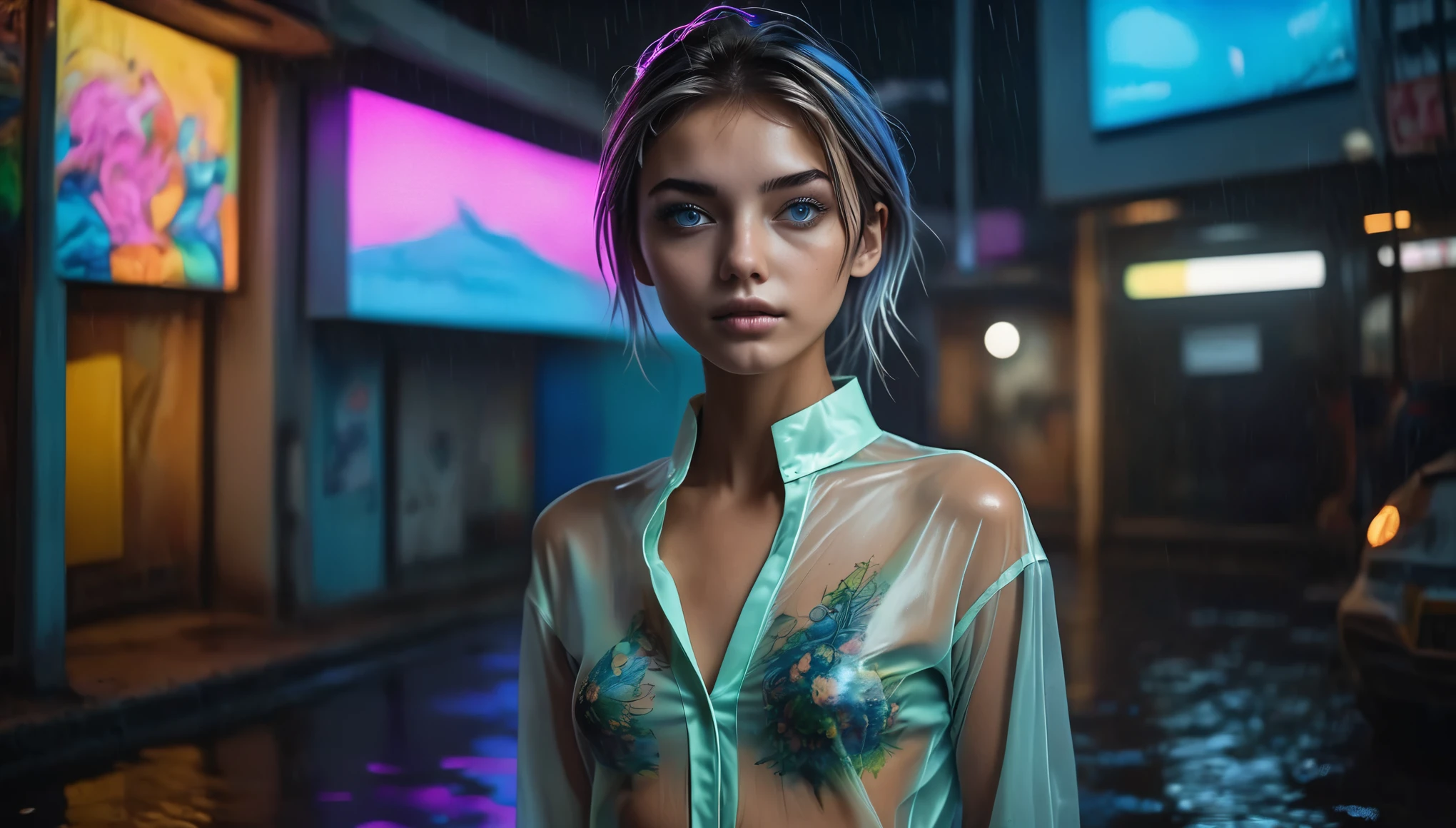 Top Quality, Masterpiece, High Resolution, 8k, full body shot, wide view, (((skinny girl in a wide opened oversize polyester blouse and wetlook leggings, wide neckline, deep neckline, beautiful detailed eyes, small closed mouth, extremely detailed face, long pixie asymmetrical hair style, small hips, at night, dim lighting, look behind, cyberpunk, tatoo, pastell)))