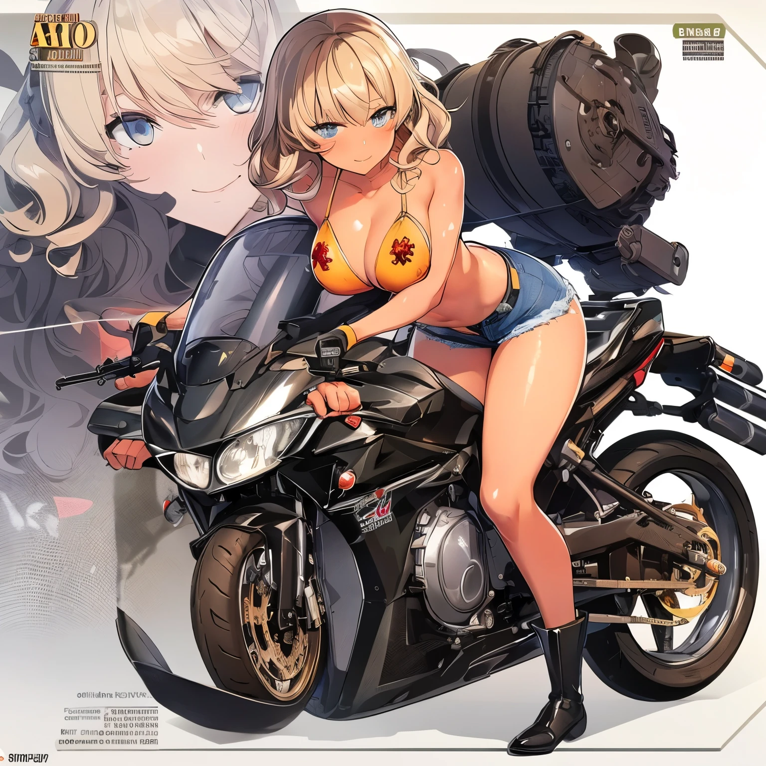 Cartoon of a woman riding a motorcycle with a large tank on the back, Mechanized Valkyrie Girl, bikini + Tattered military equipment, Mechanized Soldier Girl, Kashert Kenz, Inspired by Shiro Masamune, Anime Art Vehicle Concept Art, By Akihiko Yoshida, top rated on Pixiv, trending on Pixiv, Pixiv,Cartoon of a woman riding a motorcycle with a large tank on the back, Concept art inspired by Masamune Shirow, Topics on pixiv, Self-sastructing art, Mechanized Valkyrie Girl, bikini + Tattered military equipment,(Denim hot pants:1.3), Mechanized Soldier Girl, Kashert Kenz, Anime Art Vehicle Concept Art, Top rated on pixiv, Dieselpunk Art Style,(Shiny amber hair:1.6), (Wavy medium hair:1.6), (Brown beautiful girl), (Healthy dark skin), (Sunburn mark), clavicle