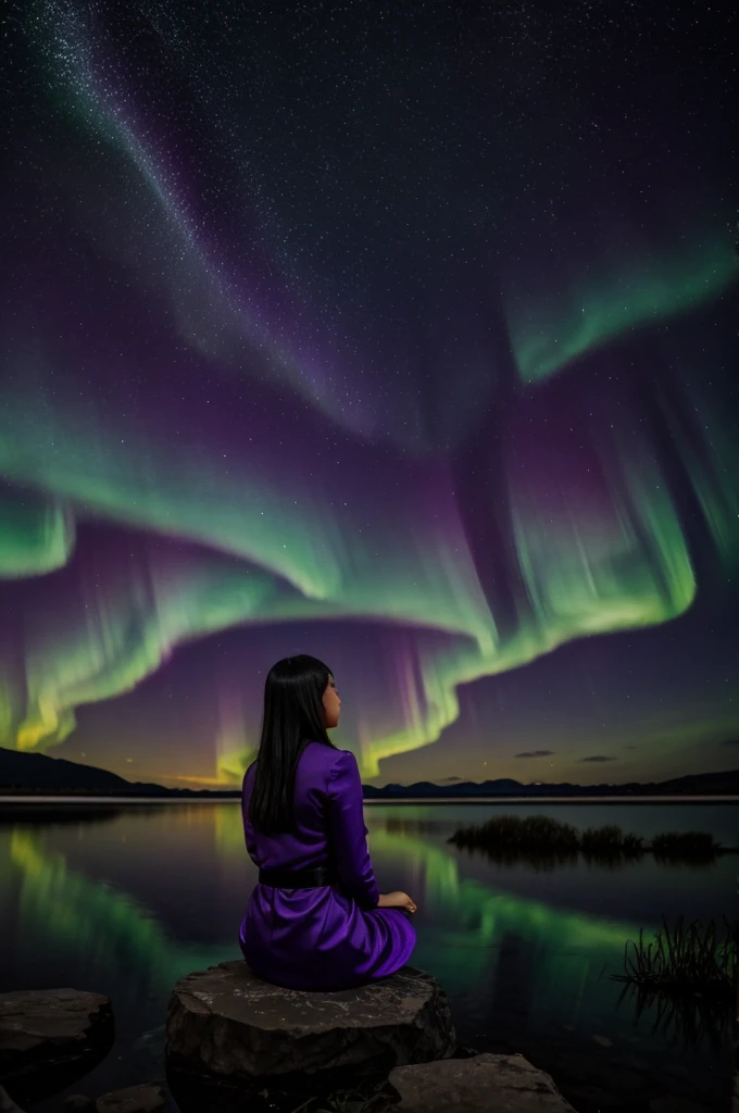 One girl with purple lotus watching aurora and the moonlight 