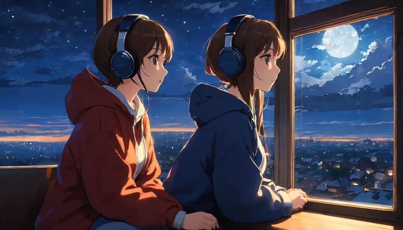 Ghibli anime style，The night sky looks deep and calm，The clouds are very thick，The moonlight shines through the gaps in the clouds，Gives a soft and warm impression。girl，Sit by the window，Wearing headphones，His eyes were staring into the distance，On a cold night at the beginning of winter, my thoughts wander，There is a feeling of calm and warmth on the face。(Highest quality,4K,8K,High resolution,masterpiece:1.2),Very detailed.