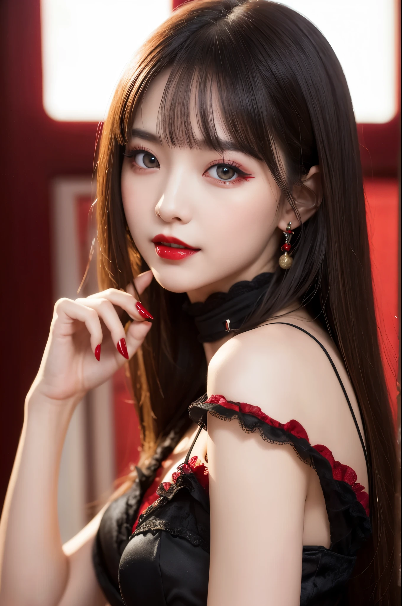 8K、Photorealistic RAW photos of the highest quality。so beautiful(A vivid face) Bright colors、Image of a perfect adult woman、Laughter、Art Station Trends、masterpiece、8K resolution、Fantasy art、Ultra-high resolution,,Mr..々Pause,charm,sexy,Rich colors, Backlight, Cinema Lighting, Film Grain, to be born, 50mm lens, Nikon D850,Vampire Queen,Glowing red eyes,White skin,Ultra-Realistic Skin,Gorgeous red and black dress,Red lipstick,Red nails,Inside the Labyrinth,Vampire Fangs,sexyな外装,blonde,charm的な大人の女性,elegant,