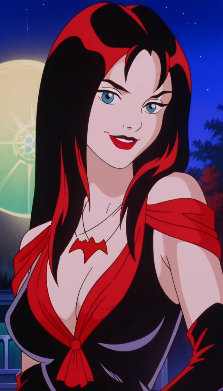 score_9, score_8_up, score_7_up, zPDXL, Thornhex, black hair, red highlights , SD90style, retro artstyle, source_cartoon, 2D, 1girl, red nails, blue eyes, red lips, black dress, long hair, looking at viewer, breasts, lipstick, makeup, upper body, smile