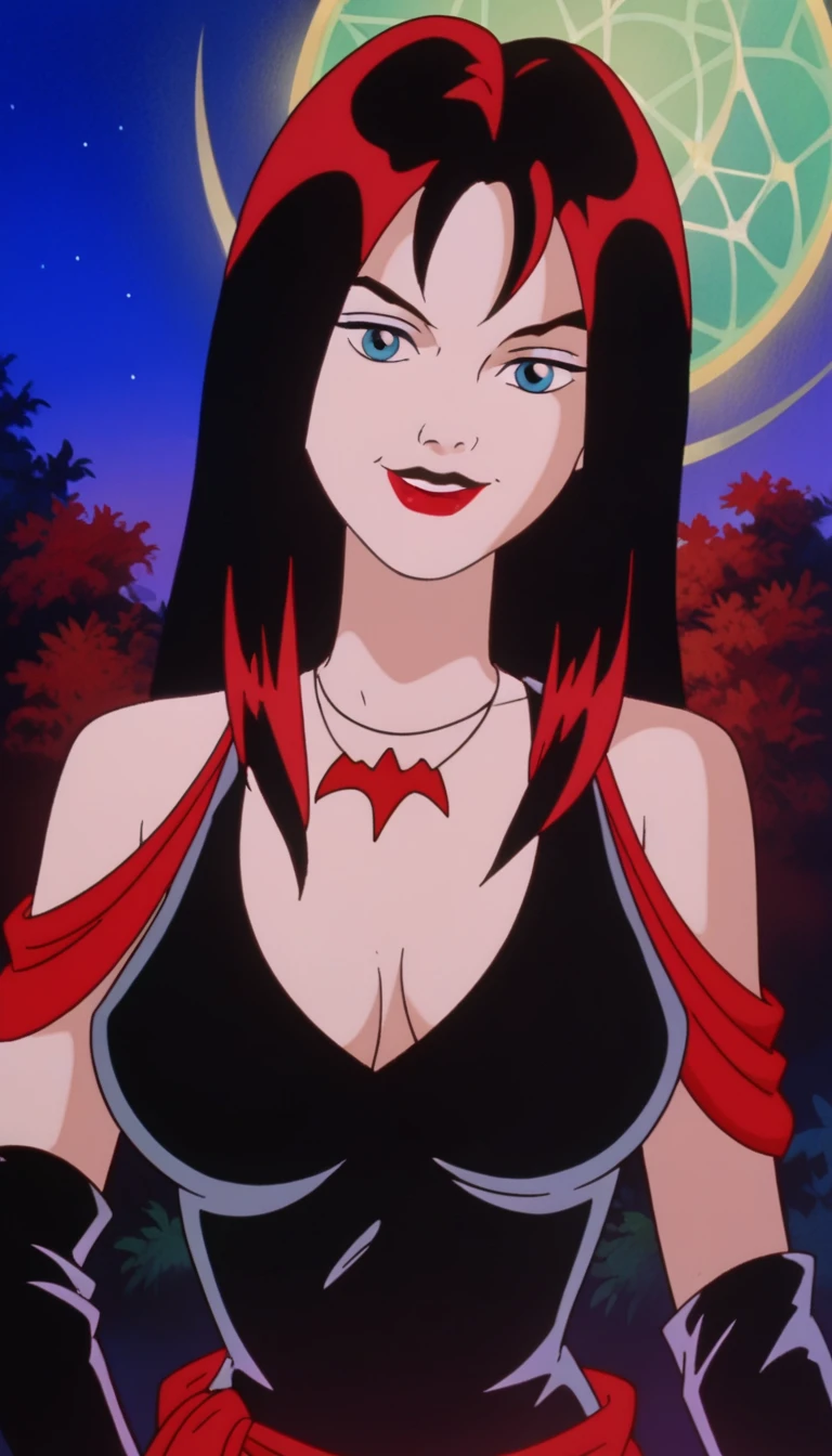 score_9, score_8_up, score_7_up, zPDXL, Thornhex, black hair, red highlights , SD90style, retro artstyle, source_cartoon, 2D, 1girl, red nails, blue eyes, red lips, black dress, long hair, looking at viewer, breasts, lipstick, makeup, upper body, smile