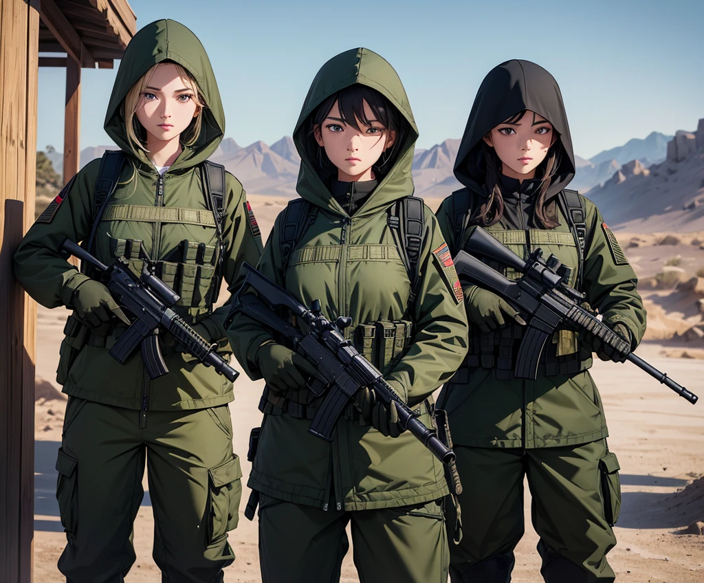 A group of female soldiers standing guard with guns,All wear dark green M-51 hooded military uniforms、Hooded on head、Bulletproof vest、Magazine Pouch、Military Pants、Write details、masterpiece、best quality、Highly detailed CG、8K picture quality