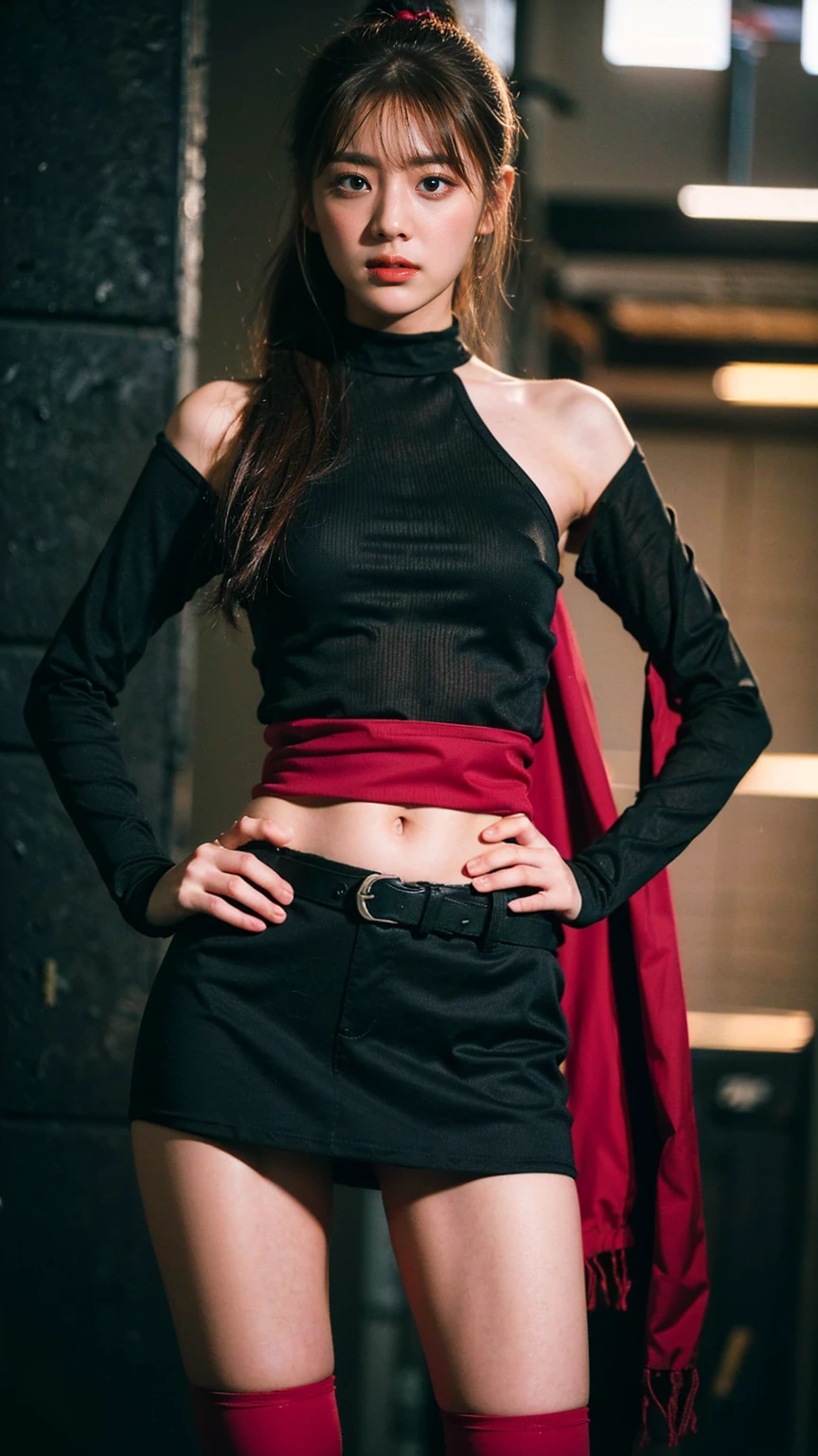 (8K、RAW Photos、Highest quality、masterpiece:1.2)、(Highest quality、Realistic)、1 Girl、((ガーターbelt、Side Ponytail、Tube top、Arm Covers、Ninja costume、mini skirt、Black and Red、tights、Belly button、Gloves、belt、ribbon、See-through、Thin legs、whole body、boots、City of night、View from the front、Looking into the camera、Stand with hands on hips))、cute