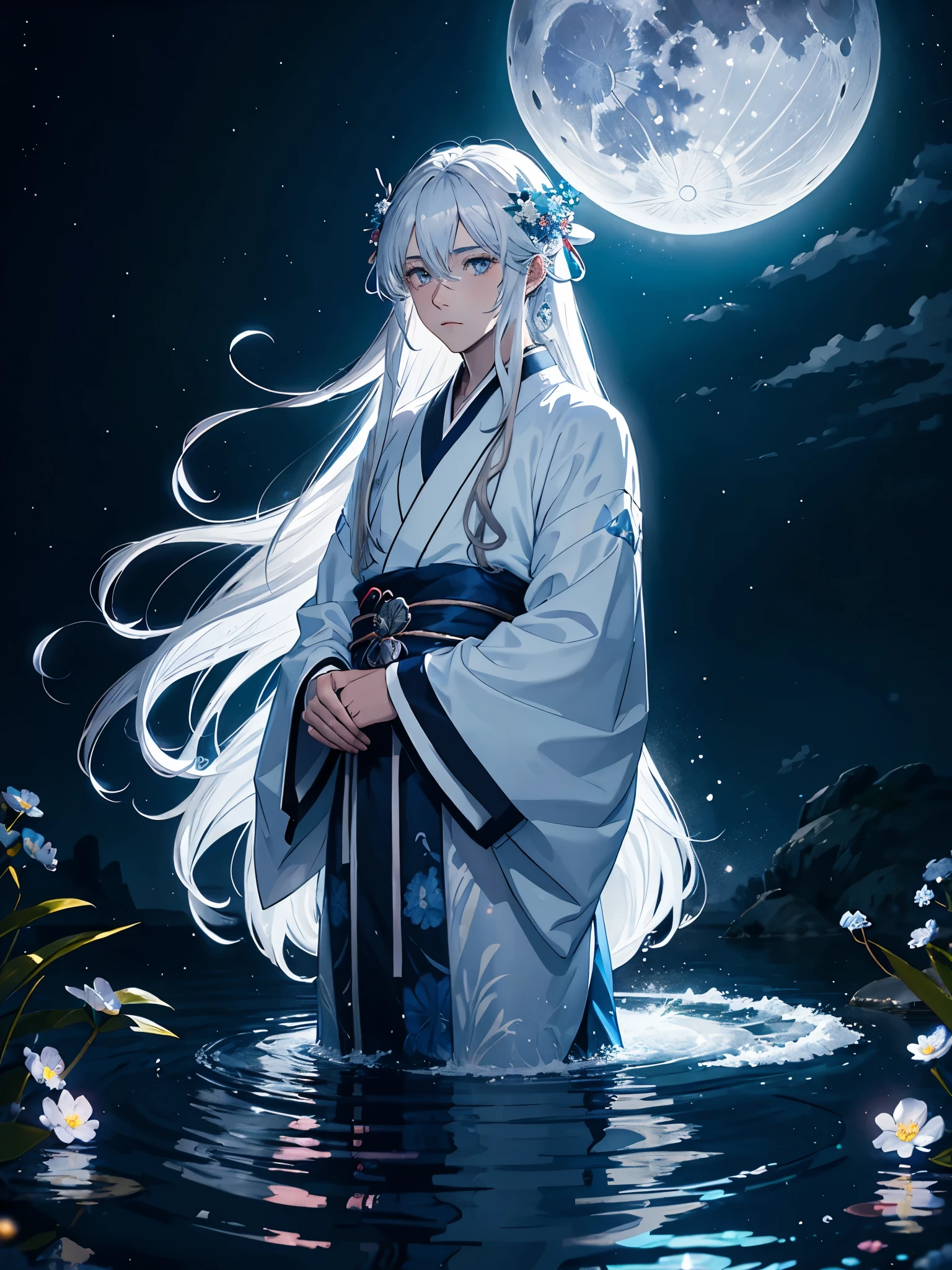 Mehr anime. Göttlich. Magisch. Blaues licht. Kimono. Geweih. Lichter. Magisch. King of the moon. Long hair. long white hair. aquatic, boy,  silver hair accessories, White hair, blue flowers. Blue lights. Vollmond. Geweih. Kimono 