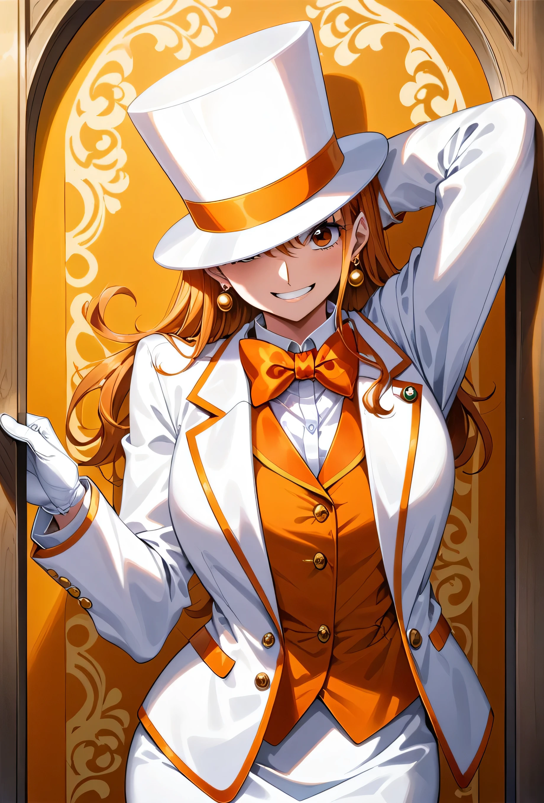 (best quality, hdr, high resolution) Solo, nami (one piece), (((oversized white top hat with orange trim, snuggly fit  over face))), ((a white suit with orange trim, white tuxedo shirt with ruffles, long sleeved , large orange bowtie)), ((white miniskirt with orange trim)), white gloves, white high heels, earrings, (smiling, playful, feisty), ((dapper)), posing in a yellow room with floral etchings and ornate windows, (glamorous pose), close up