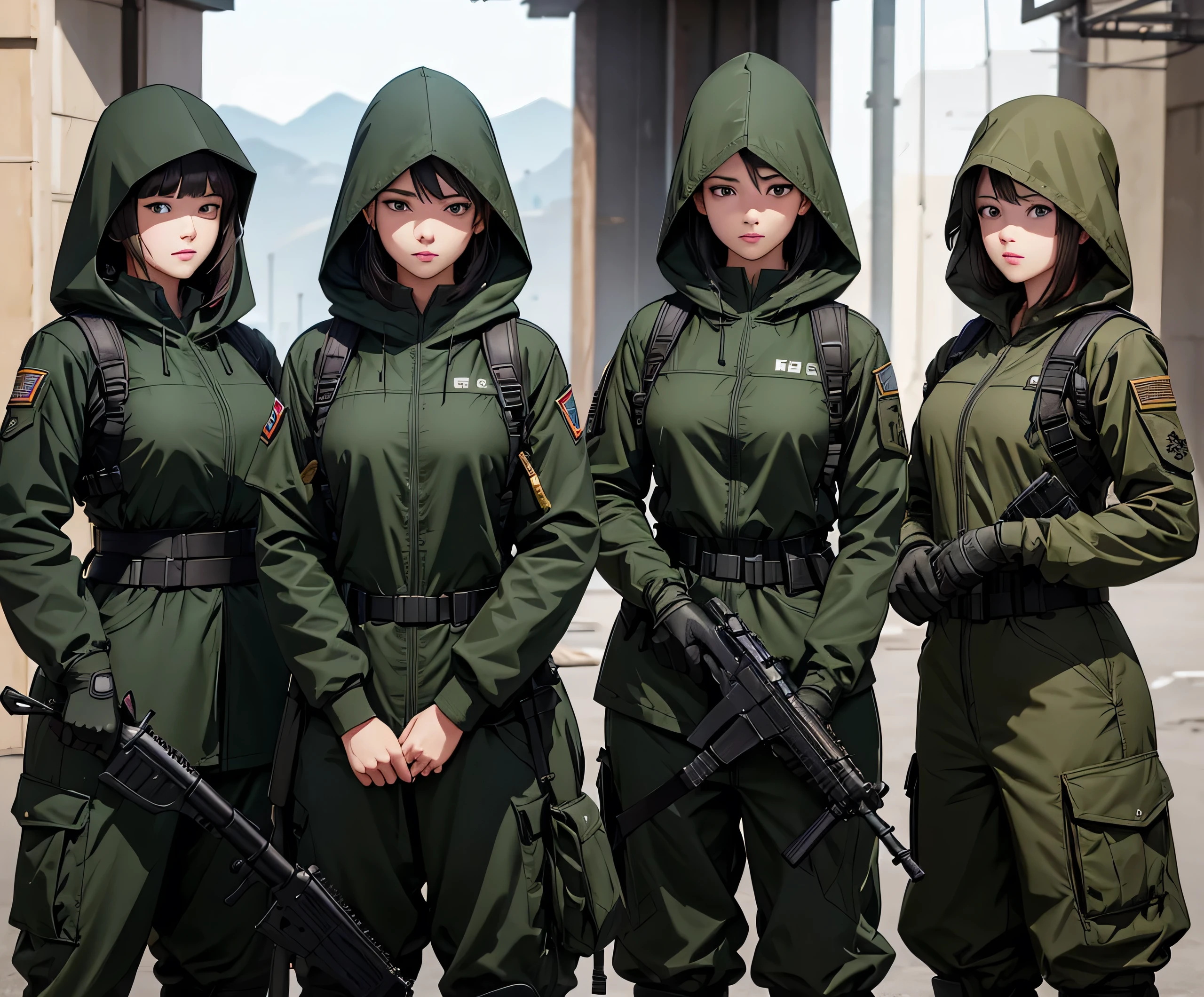 A group of female soldiers standing guard with guns，All wear dark green M-51 hooded military uniforms、Hooded on head、Wear body armor、Military Pants、Write details、masterpiece、best quality、Highly detailed CG、8K picture quality