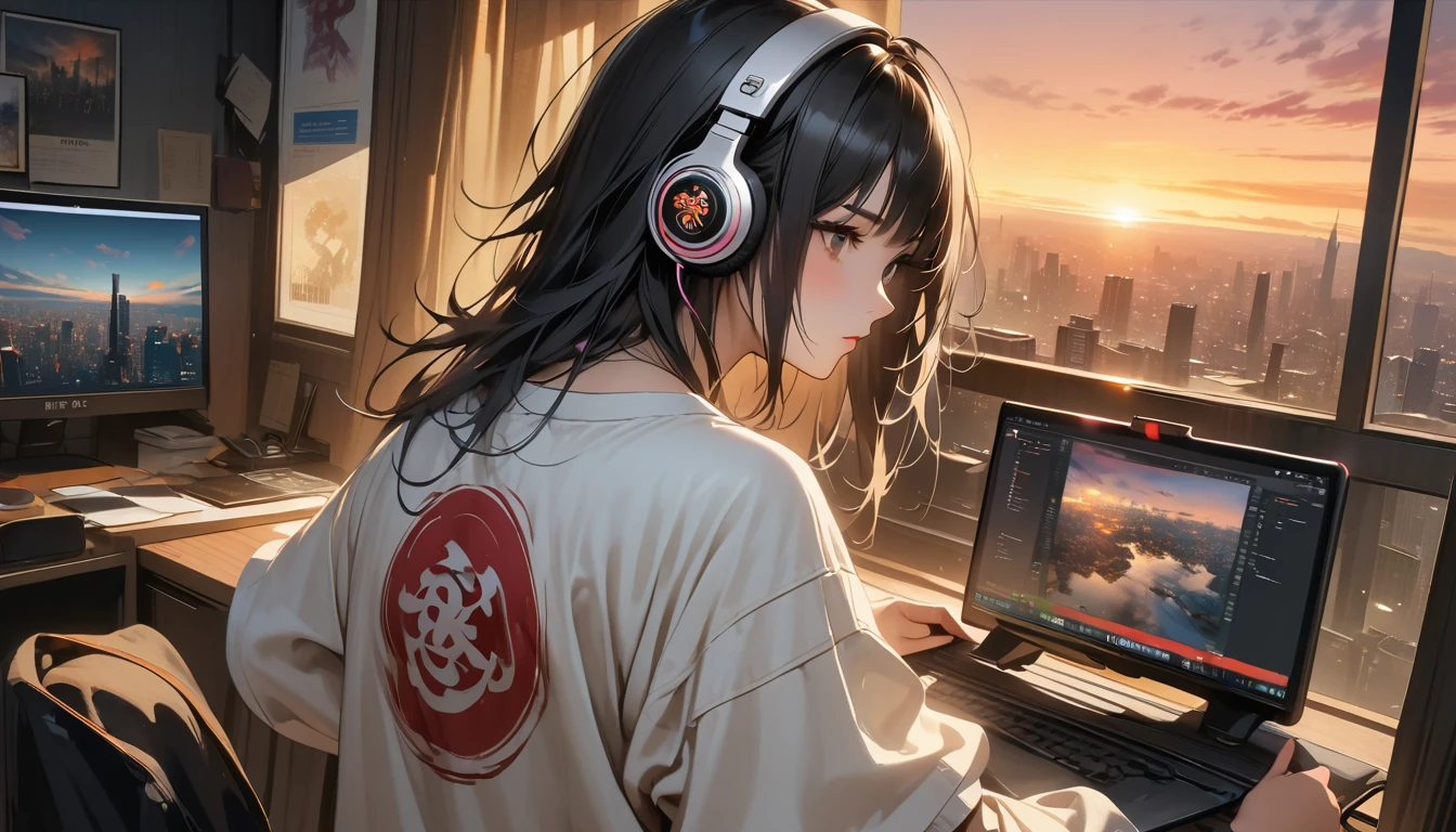 ((8k highly detailed CG units, masterpiece, High resolution, Highest quality, Highest quality real texture skin)), (((Shoot in the back))), (Wearing Japanese-style headphones), ((1 Girl)), ((30th floor high rise apartment)), ((Viewing a computer screen)), ((Sunset seen from the large window)), (Japanese pattern Tシャツ), (Black Hair, Messy Hair, Beige skin), (Surreal, Digital Painting)