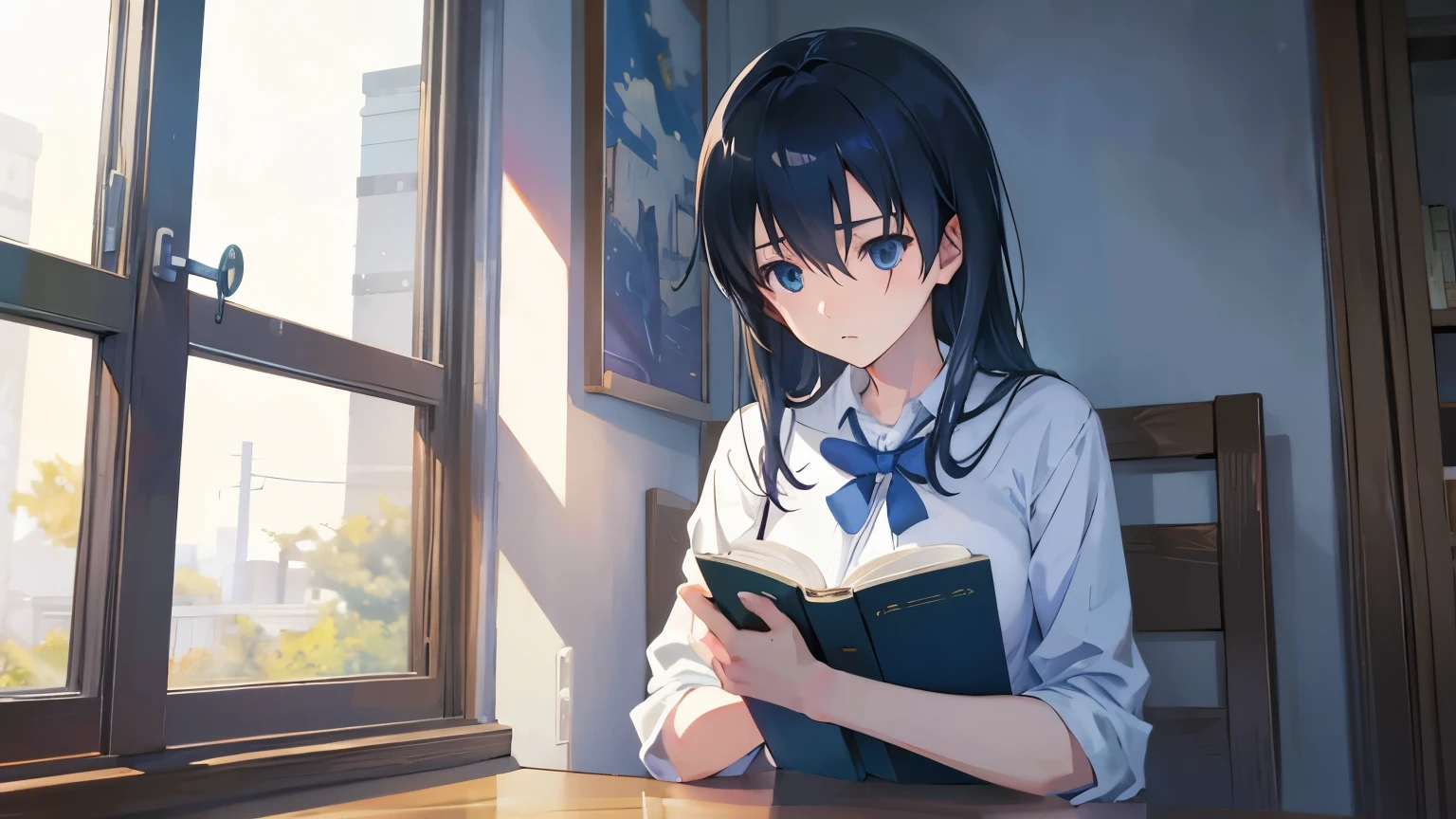 anime girl Reading a book in front of a window, Makoto Shinkai's art style, Makoto Shinkai style, in Makoto Shinkai's Style, makoto shinkai!, Reading a book, Next to a big window, Makoto Shinkai's Style, makoto shinkai!!, Anime Girls, Kyoto Animation Style