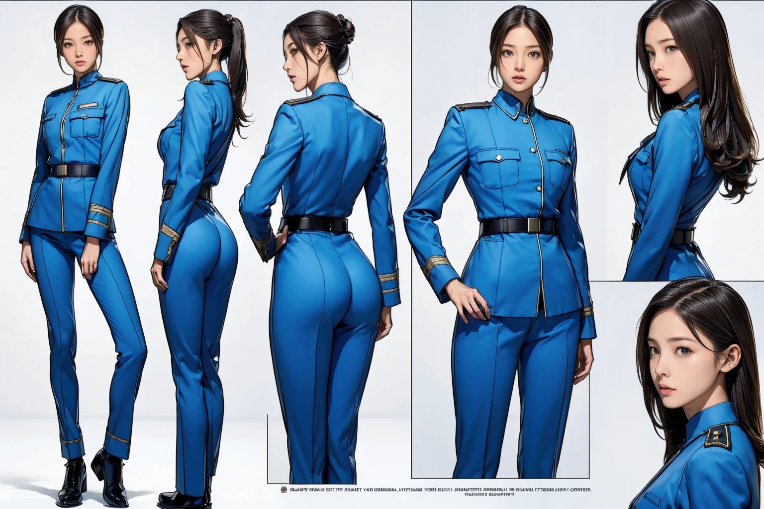 ((masterpiece)),(((Highest quality))),((Reference Sheet, Character Design, front, return, ~ ~ ~ side, Mr...々Hairstyle, Mr...々performance, Facial Expressions)), 14-year-old girl, Cute type, (Very slim:1.4), (Very small ass:1.4), Realistic buttocks, Big Breasts, Short Bob, Thin thighs, Long legs, It's not a big deal,(A female Earth Federation officer is walking), (Wearing Earth Federation military uniform, White and blue military uniform),(Worn by federal government employees'White Hat:1.5)