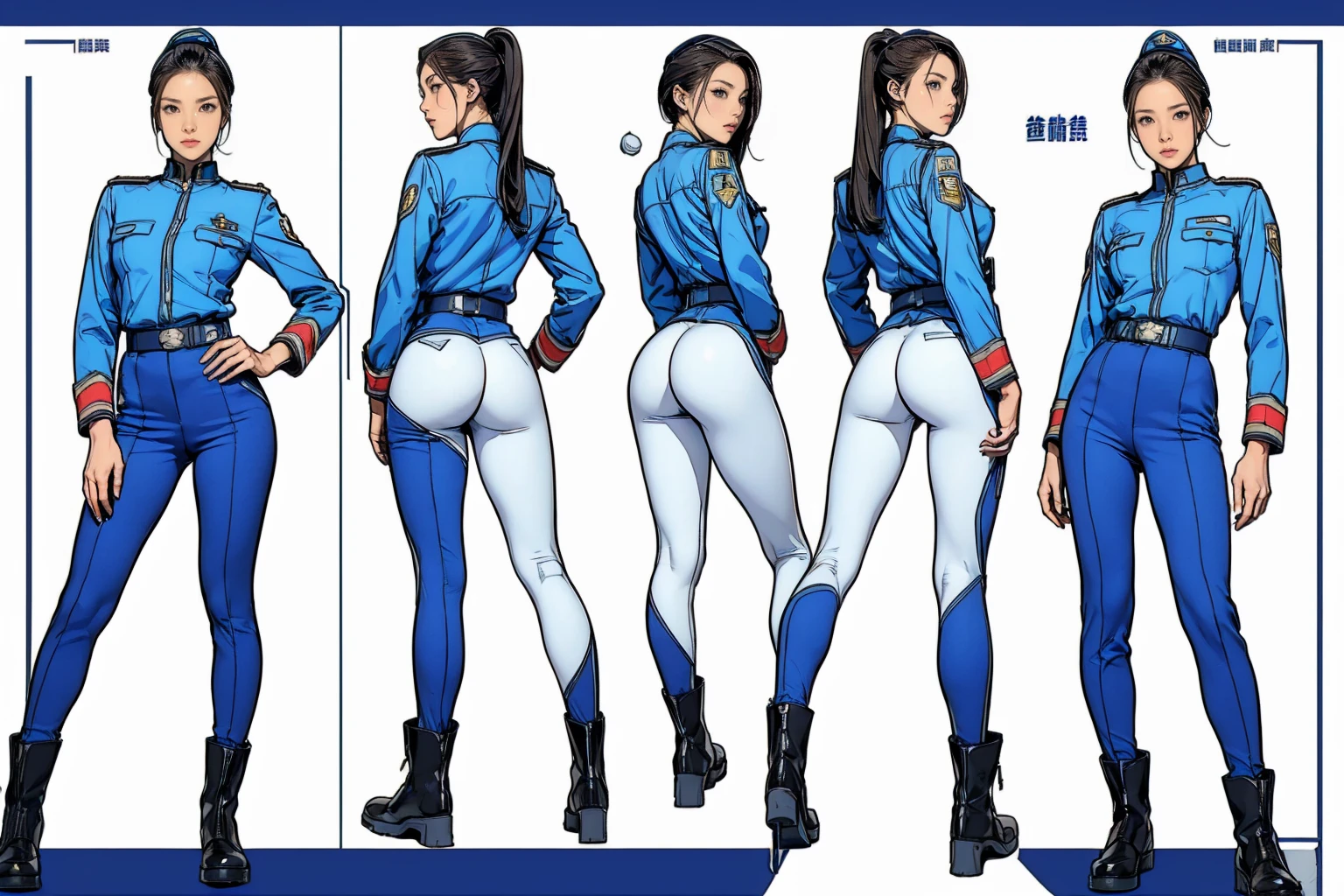 ((masterpiece)),(((Highest quality))),((Reference Sheet, Character Design, front, return, ~ ~ ~ side, Mr...々Hairstyle, Mr...々performance, Facial Expressions)), , Cute type, (Very slim:1.4), (Very small ass:1.4), Realistic buttocks, Big Breasts, Short Bob, Thin thighs, Long legs, It's not a big deal,(A female Earth Federation officer is walking), (Wearing Earth Federation military uniform, White and blue military uniform),(Worn by federal government employees'White Hat:1.5)