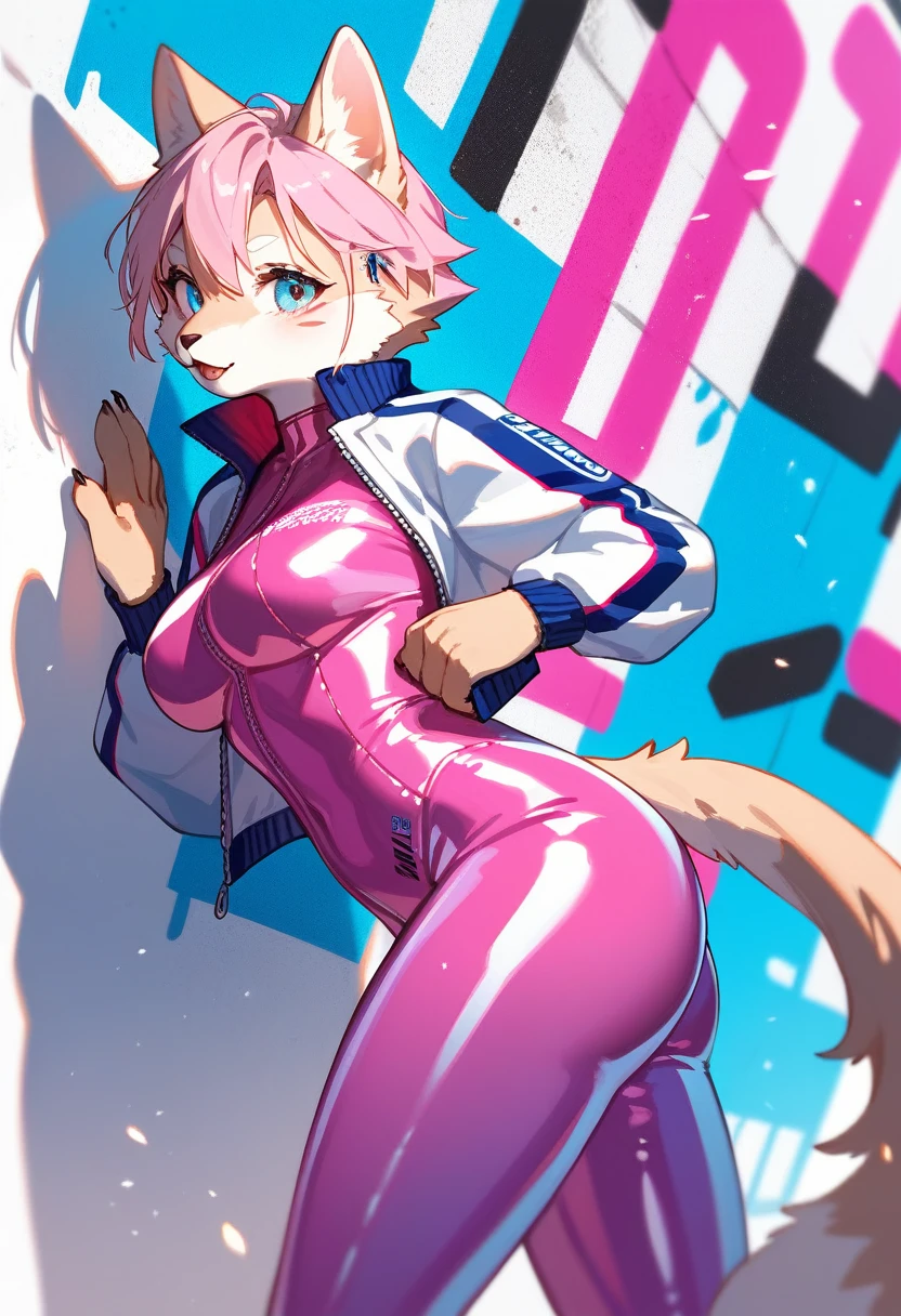 animation, Highest quality, Highest quality, High quality illustrations, masterpiece, Ultra-high resolution, Detailed Background, cyber cafe, Graffiti art on the wall, Absurd, Perfect Anatomy, performance, Good lighting, Shadows in the movies(kemono, Furry PersonifiCation), Cat, Blueskin, pink rubber suit, latex, neon, neonライト, neonカラー, Racing Suits, Cyber Suit, White Leather Half Jacket, cyber punk