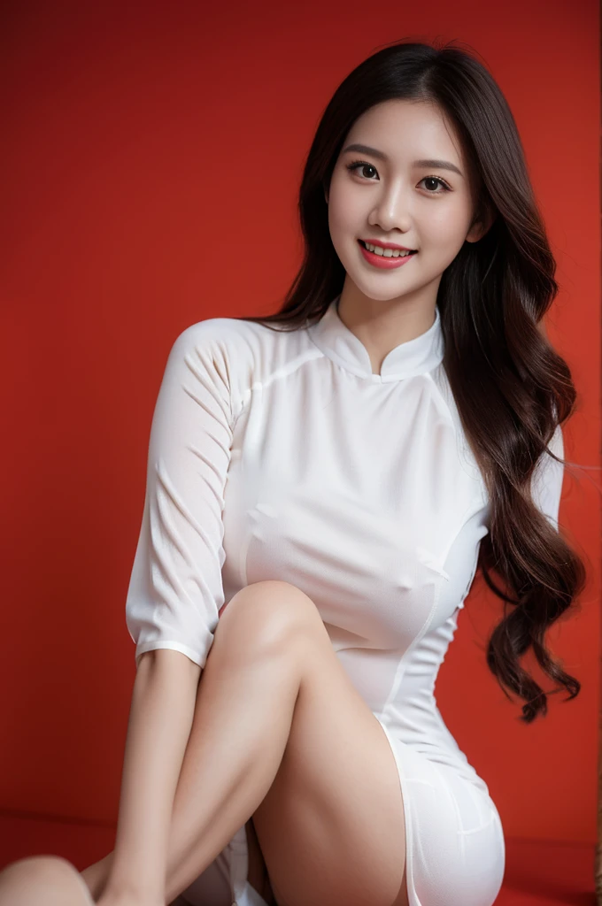 VIETNAM BEAUTIFUL GIRL WEAR AODAI, AO DAI COSTUME, VIETNAMESE, ((tet holiday in vietnam)), 4k, masterpiece,, stunning beautiful idol detailed face, all body , (vietnam model girl), nsfw, sexy, see-though clothes, light smile, make up, big , red color, ((tet red color backdrop))