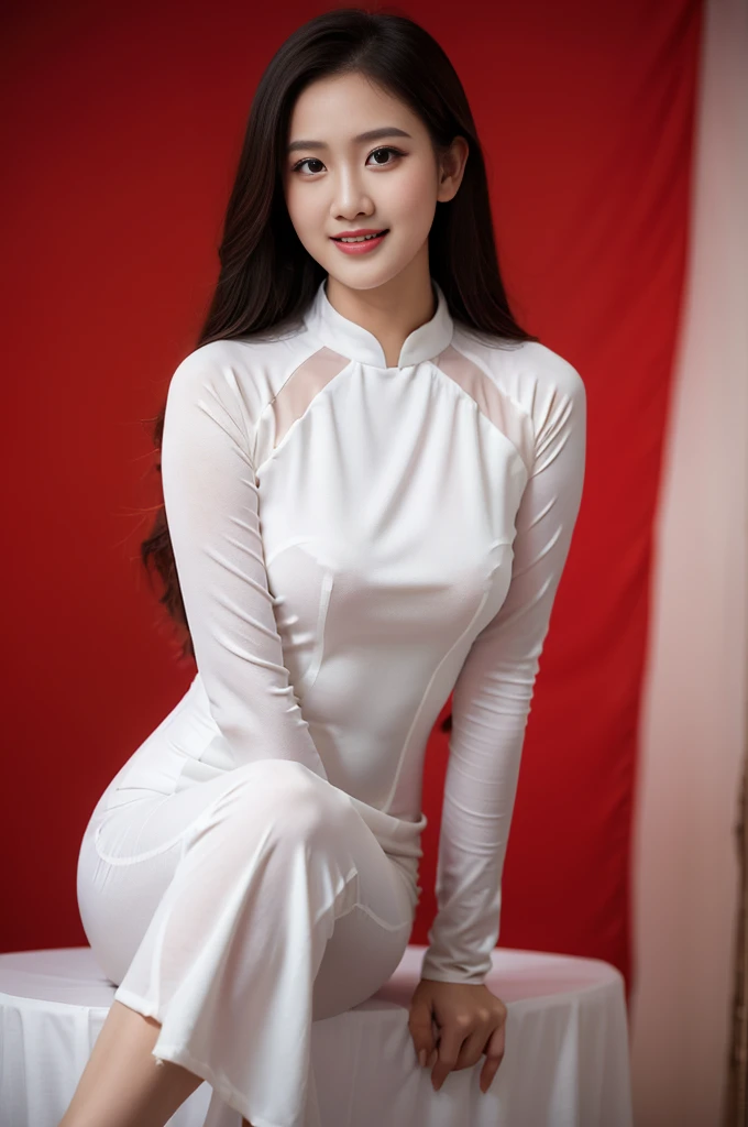 VIETNAM BEAUTIFUL GIRL WEAR AODAI, AO DAI COSTUME, VIETNAMESE, ((tet holiday in vietnam)), 4k, masterpiece,, stunning beautiful idol detailed face, all body , (vietnam model girl), nsfw, sexy, see-though clothes, light smile, make up, big , red color, ((tet red color backdrop))