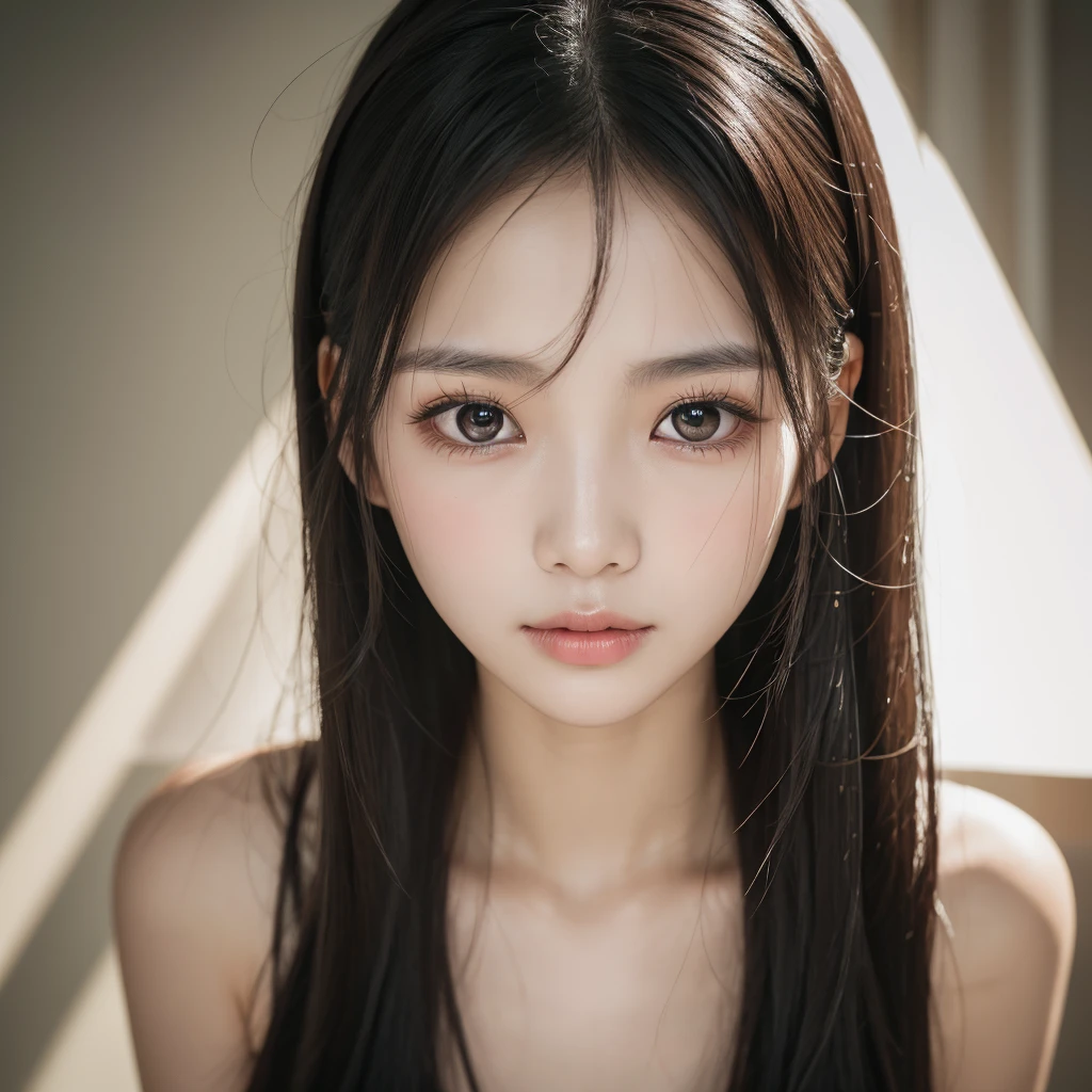 best quality, face focus, soft light, ultra high RAW photo, 1 korean girl, solo,detailed beautiful face, (big chest),(high resolution detail of human skin texture), (long white and black hair), indoor,white long Dress, (portrait)big eyes,small lip,slim body,