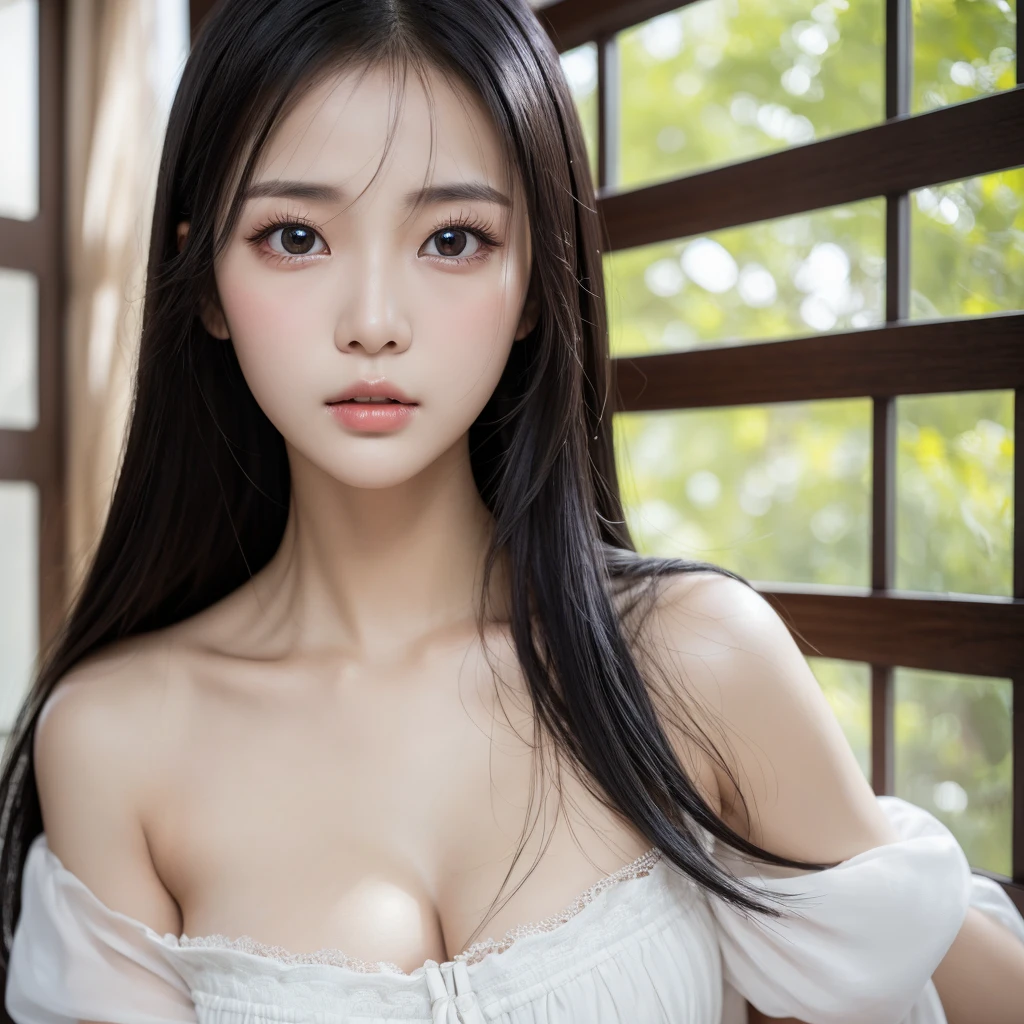 best quality, face focus, soft light, ultra high RAW photo, 1 korean girl, solo,detailed beautiful face, (big chest),(high resolution detail of human skin texture), (long white and black hair), indoor,white long Dress, (portrait)big eyes,small lip,slim body,