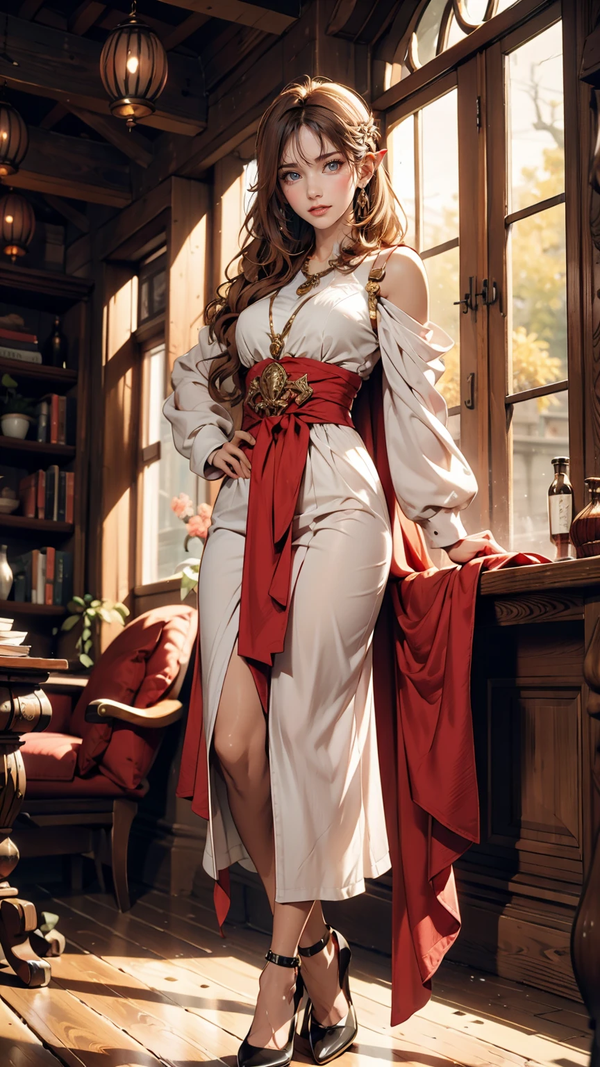 Princess Zelda full body shot, Brown Hair, blue eyes, Dressed as an Assassin's Creed Assassin, white+In gold、whiteいマスクと金色のディテールが施されたフード, XL Bust, Using the Wrist Blade. background: Renaissance city. Unreal Engine 5, anime, anime style, masterpiece, Well drawn eyes, Well-drawn faces, 細部までWell drawn eyes, 細部までWell-drawn faces, 8K, Light and shadow effects. Sexy proportions、Sexy、Narrow waist、Straight Bob Cut、Brown Hairから赤のグラデーションカラー